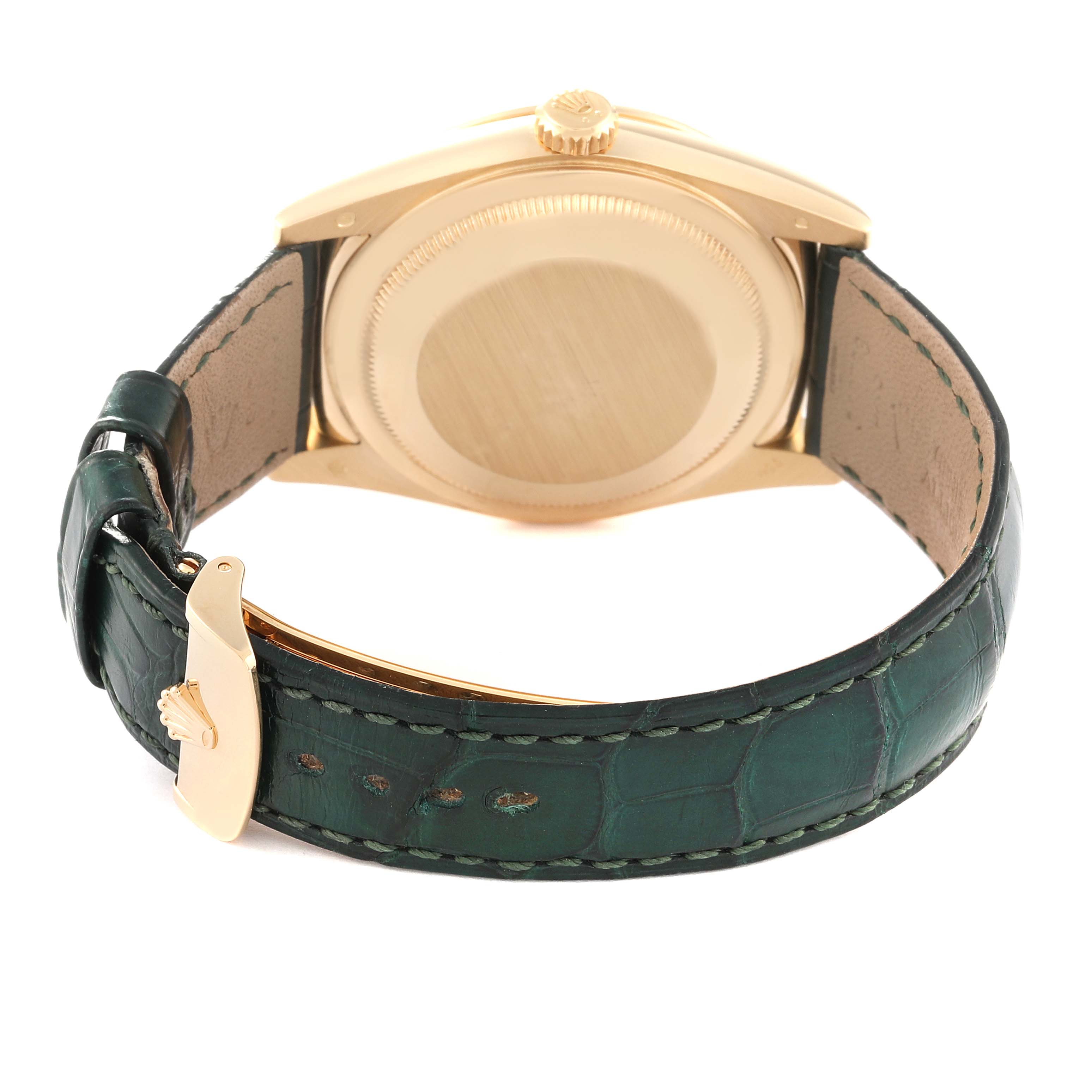 The image shows the back case and green leather strap of a Rolex President 118138 Men's Yellow Gold Green Dial 118138 Men's Yellow Gold Green Dial model watch from a rear angle.