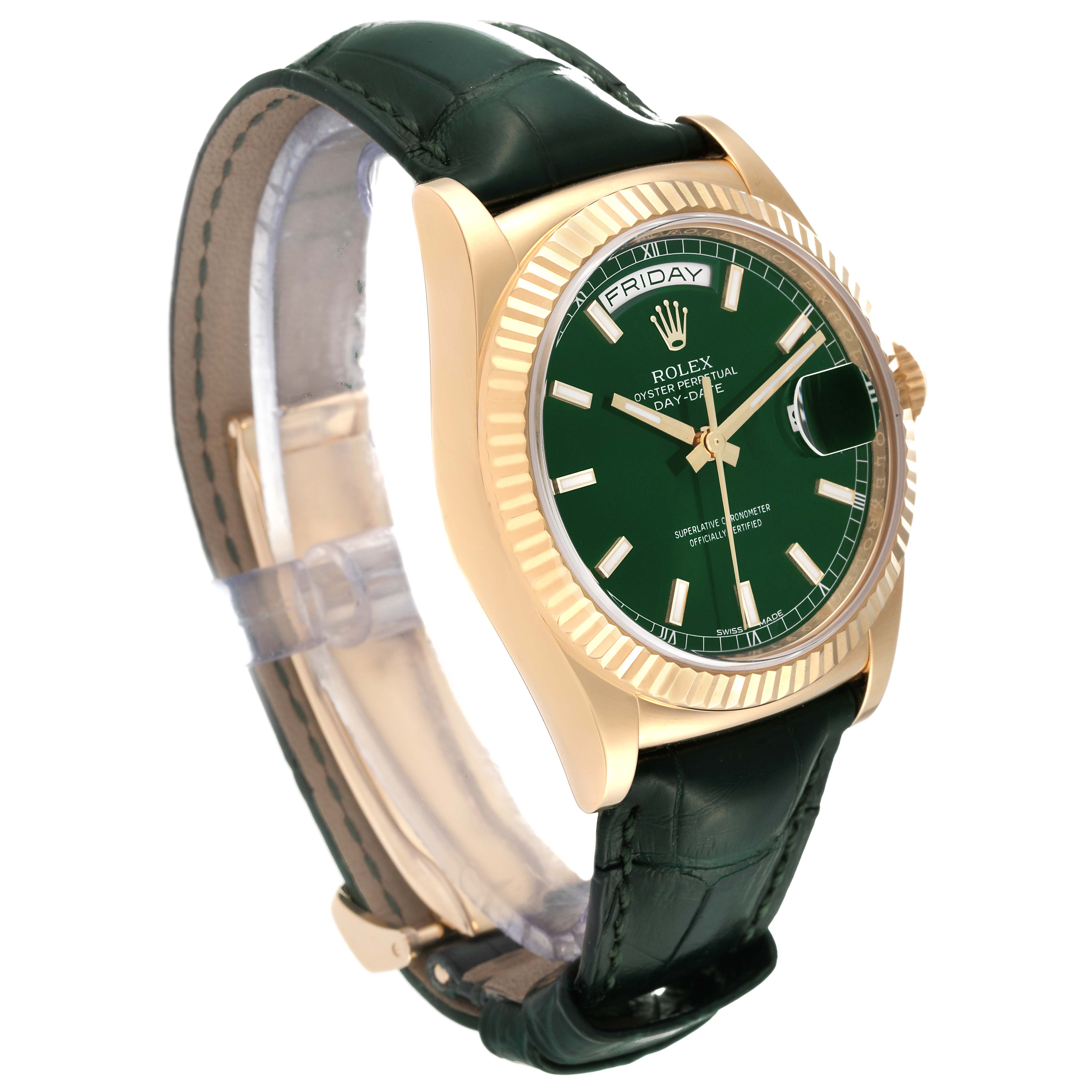 The Rolex President 118138 Men's Yellow Gold Green Dial 118138 Men's Yellow Gold Green Dial model watch is shown in a three-quarter angle, featuring a green dial, gold case, and black leather strap.