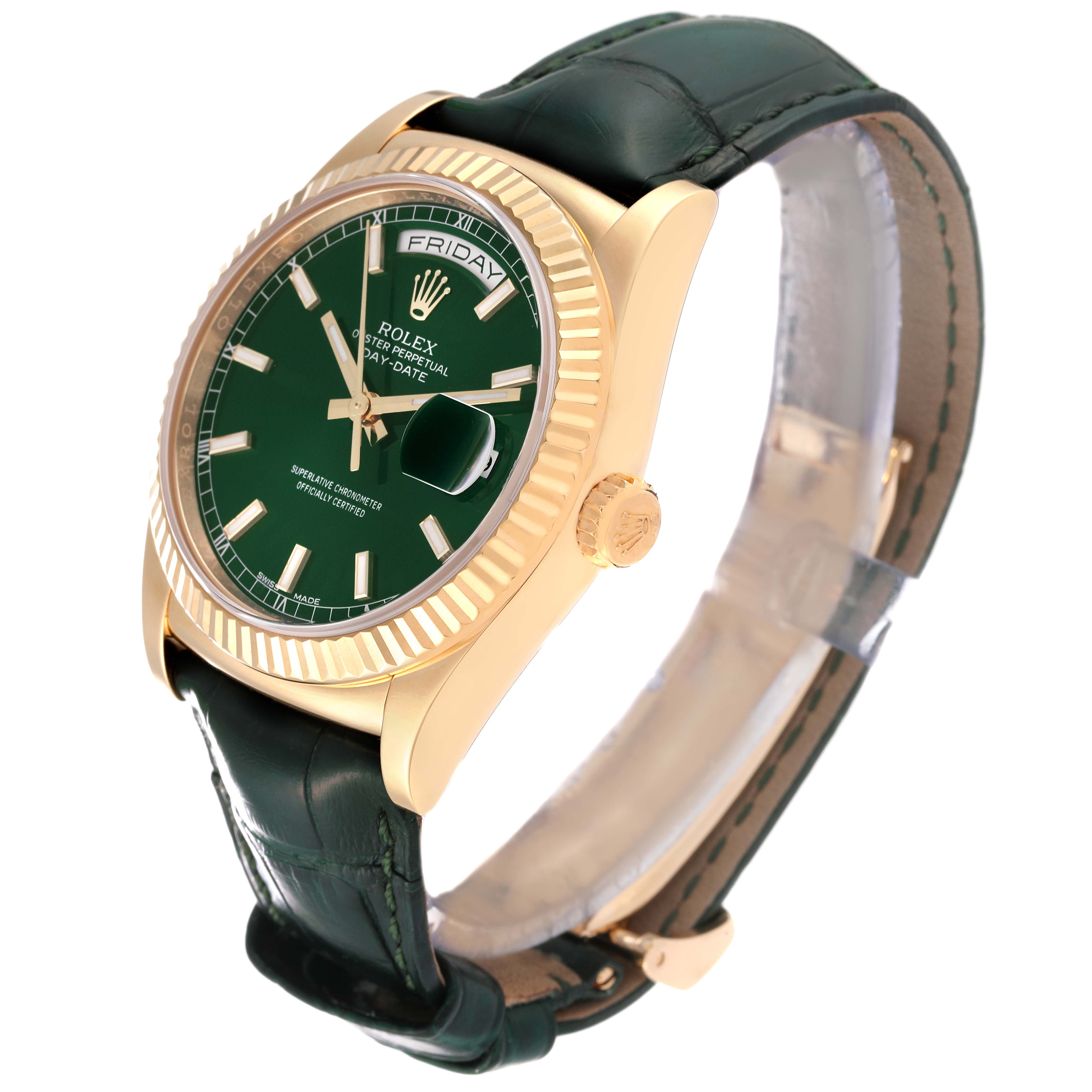 This Rolex President 118138 Men's Yellow Gold Green Dial 118138 Men's Yellow Gold Green Dial model watch is shown from a front-angle view, highlighting its green dial, fluted bezel, and leather strap.