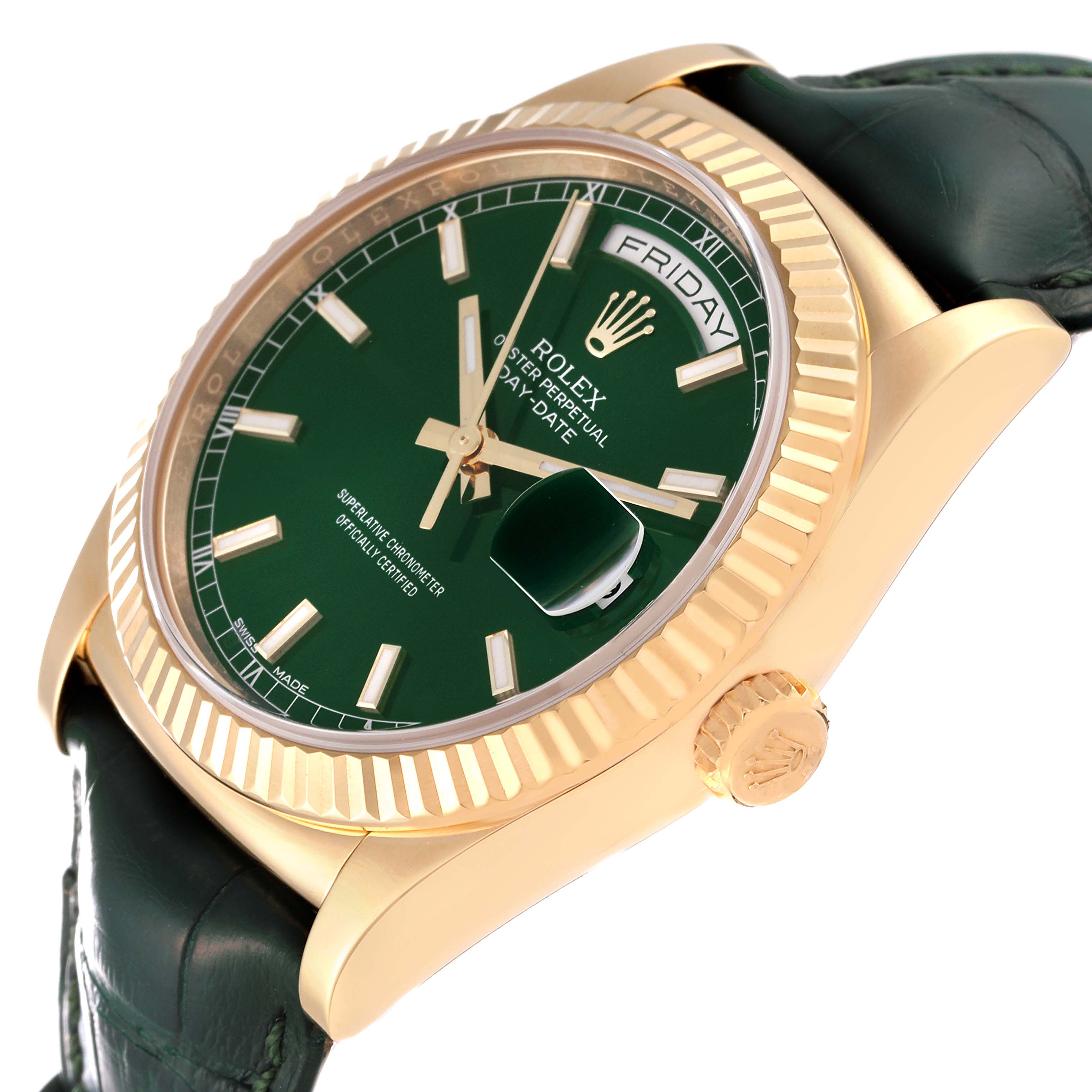 This image shows a close-up angle of a Rolex President 118138 Men's Yellow Gold Green Dial 118138 Men's Yellow Gold Green Dial model watch, highlighting its green dial, gold bezel, and leather strap.