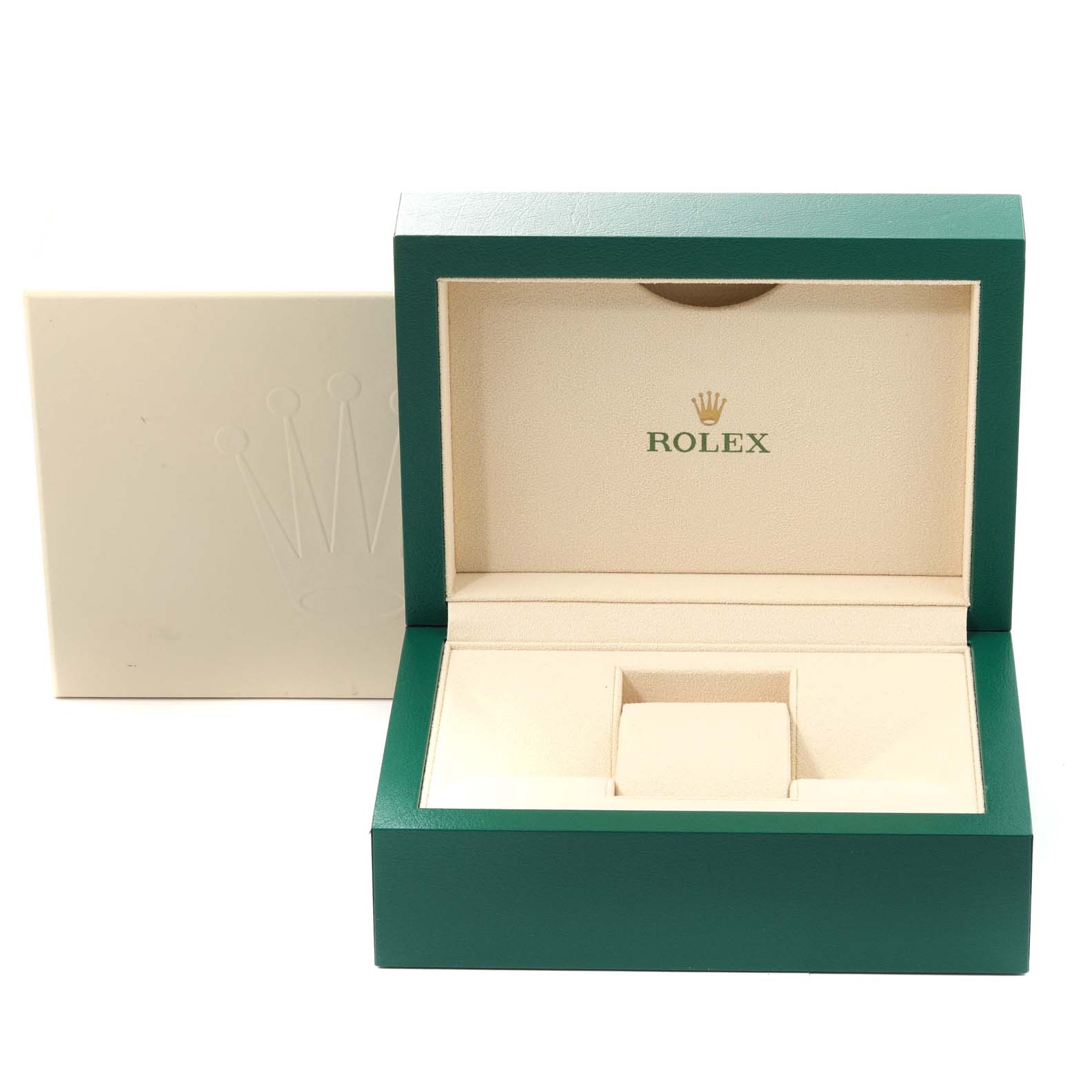 This image shows an open Rolex President 118138 Men's Yellow Gold Green Dial 118138 Men's Yellow Gold Green Dial model watch box with the logo on the interior lining.