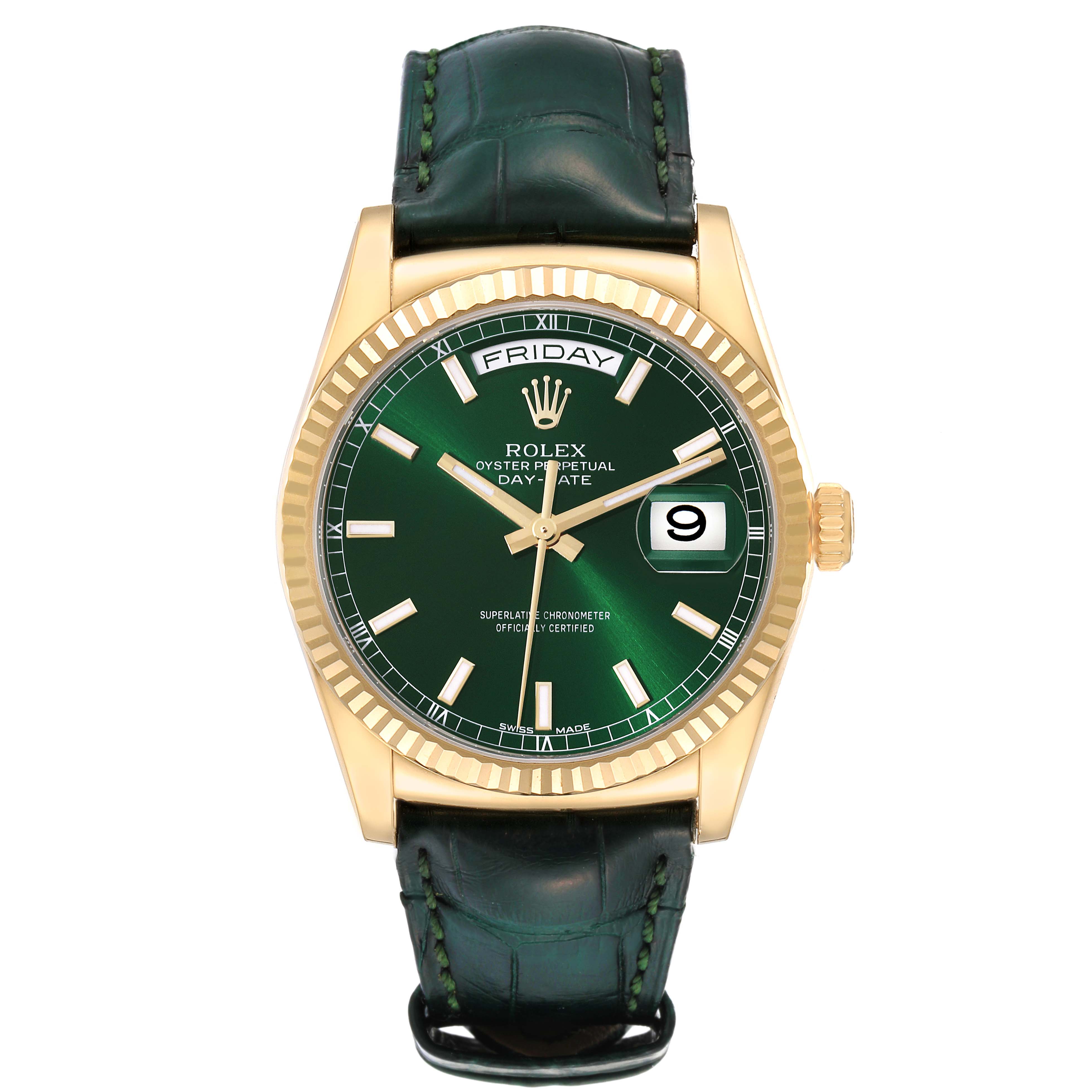 This Rolex President 118138 Men's Yellow Gold Green Dial 118138 Men's Yellow Gold Green Dial model watch is shown from the front, displaying its green dial, day-date feature, and leather strap.