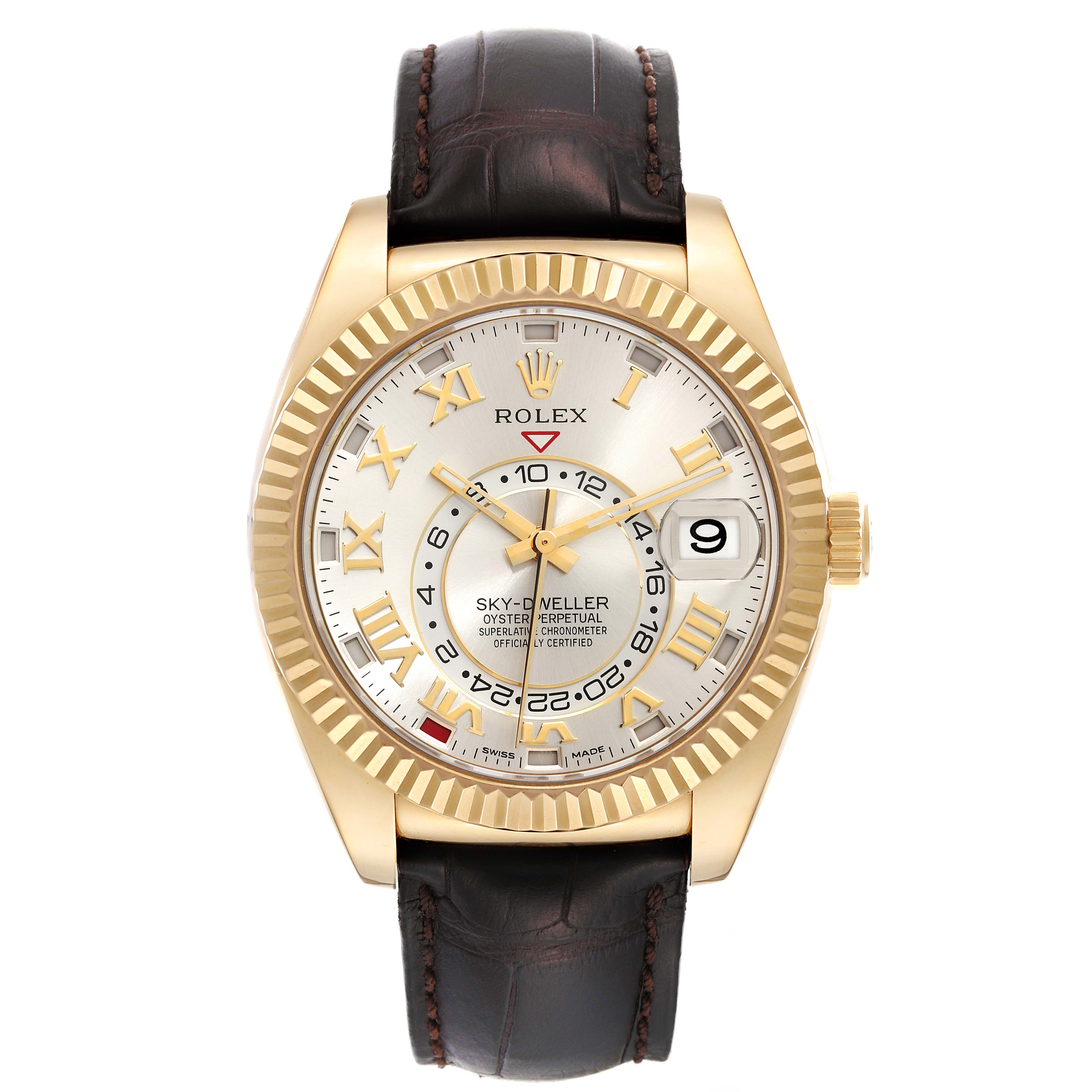 The image shows the front view of a Rolex Sky-Dweller 326138 Men's Yellow Gold Silver Dial 326138 Men's Yellow Gold Silver Dial watch, highlighting its dial, hands, date window, and leather strap.