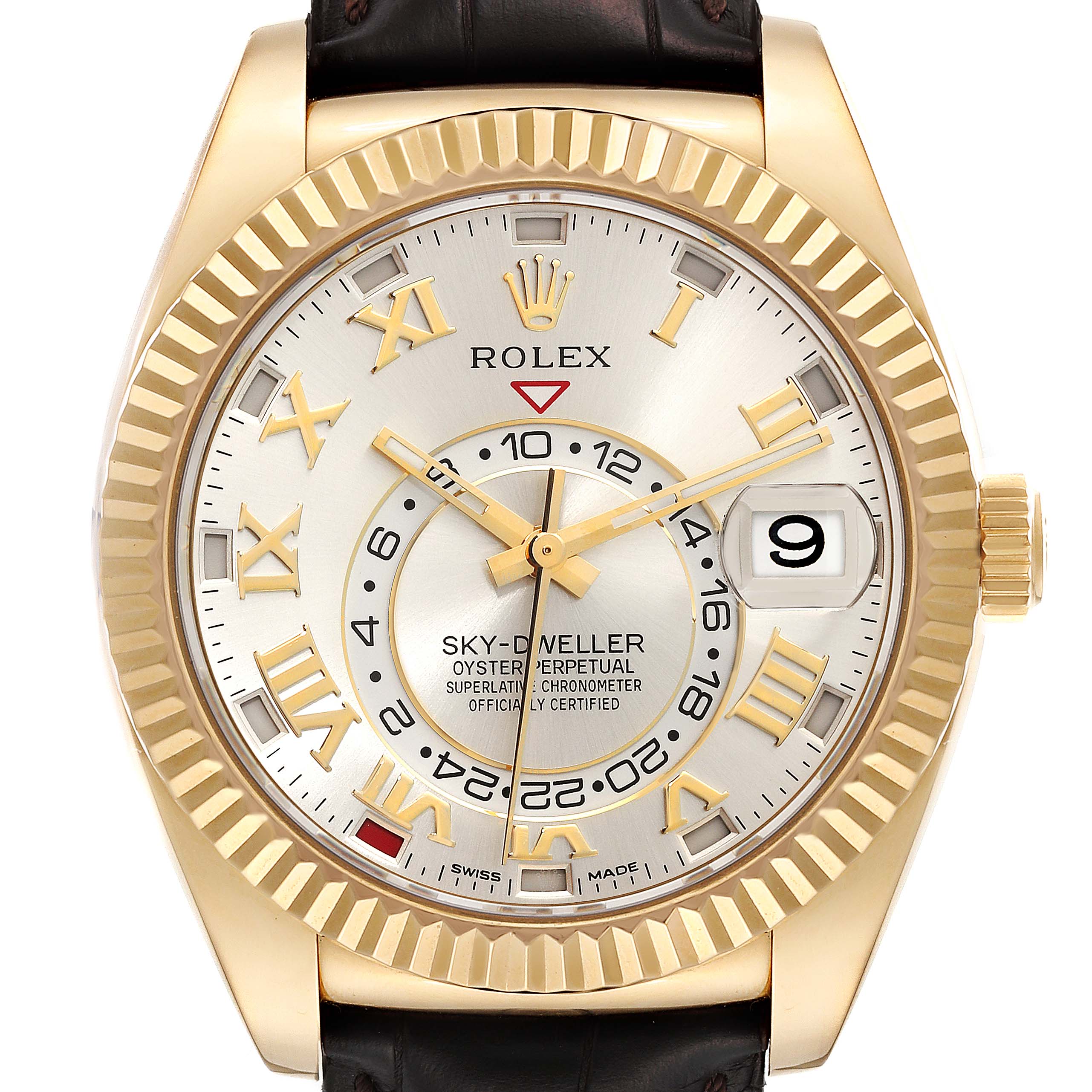 The Rolex Sky-Dweller 326138 Men's Yellow Gold Silver Dial 326138 Men's Yellow Gold Silver Dial watch is shown from a front angle, highlighting its dial, bezel, crown, and strap.