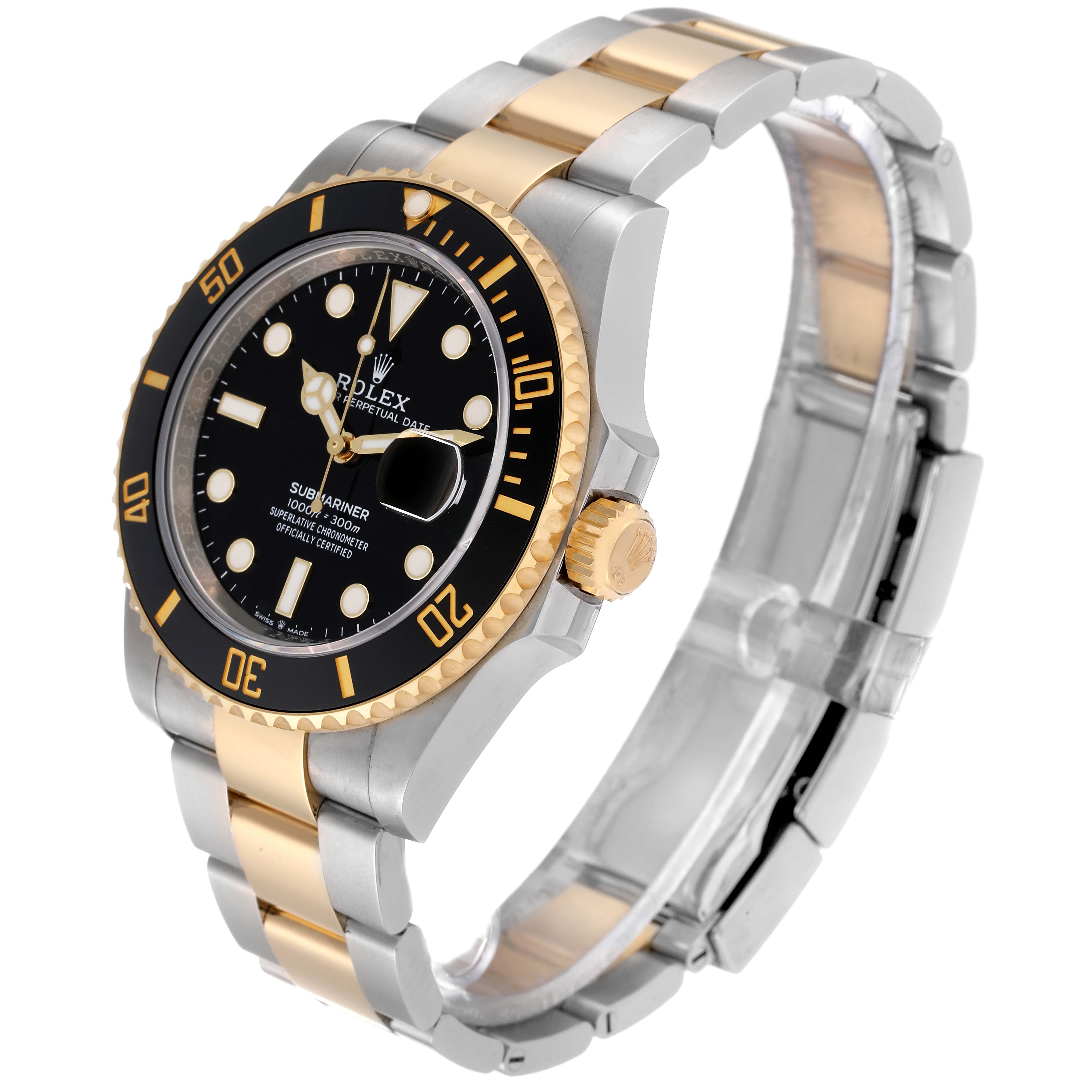 The image shows a side view of the Rolex Submariner 126613LN Men
s Steel and Gold (two tone) Black Dial 126613LN Men
s Steel and Gold (two tone) Black Dial watch, highlighting its black bezel, dial, and two-tone bracelet.