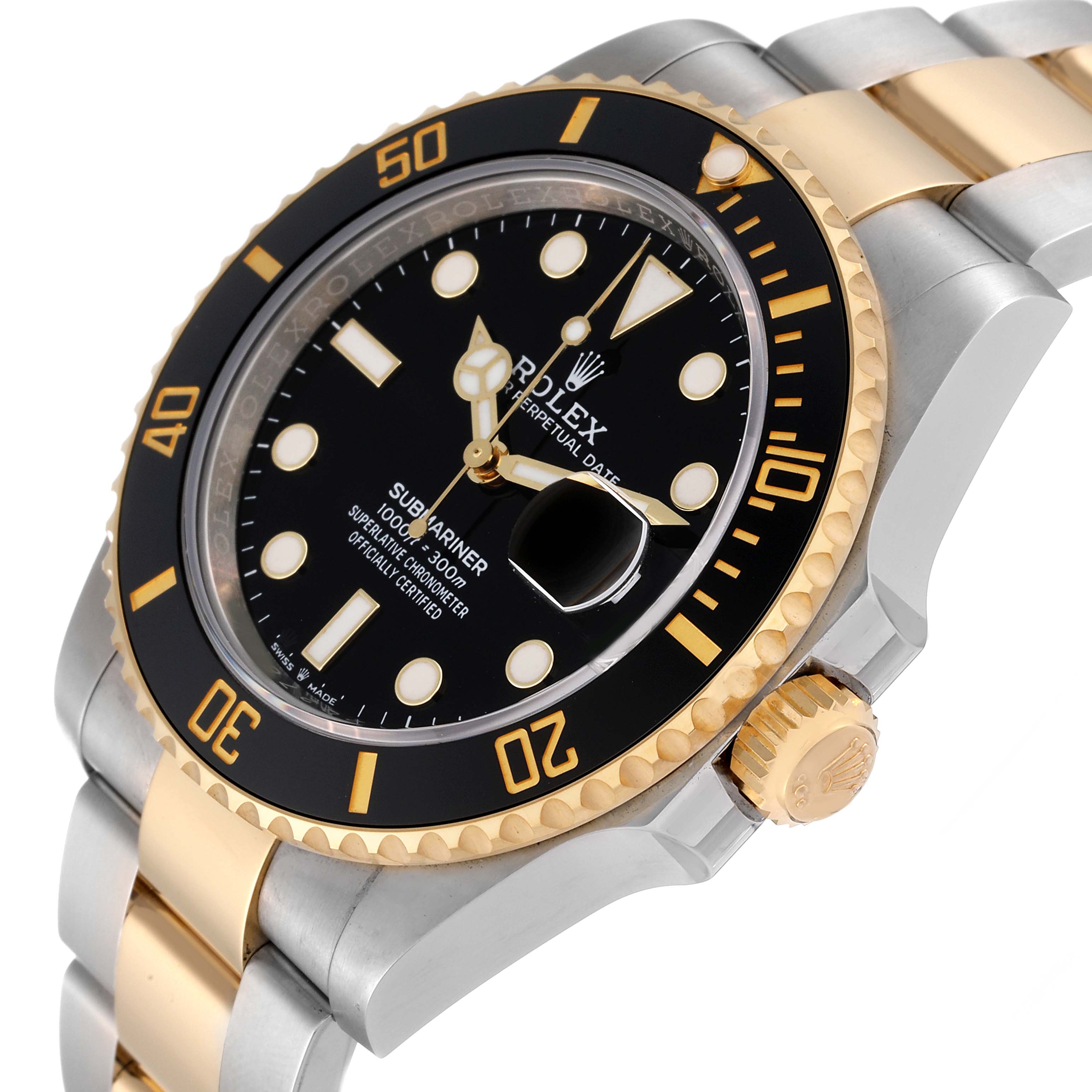 This is an angled close-up of a Rolex Submariner 126613LN Men
s Steel and Gold (two tone) Black Dial 126613LN Men
s Steel and Gold (two tone) Black Dial watch, showing the dial, bezel, crown, and part of the bracelet.