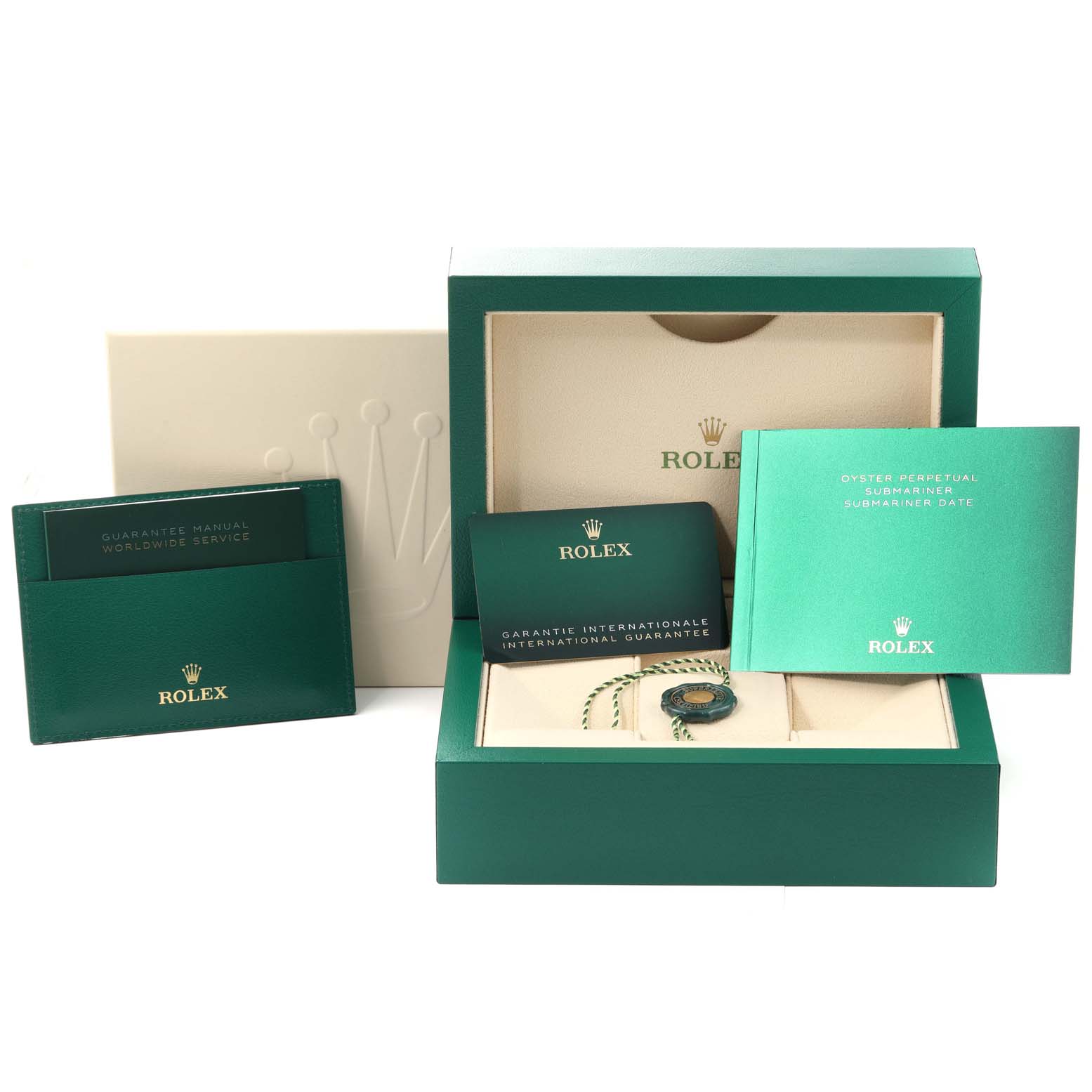 The image shows the packaging, manuals, and tags of a Rolex Submariner 126613LN Men
s Steel and Gold (two tone) Black Dial 126613LN Men
s Steel and Gold (two tone) Black Dial watch, with no actual watch visible.
