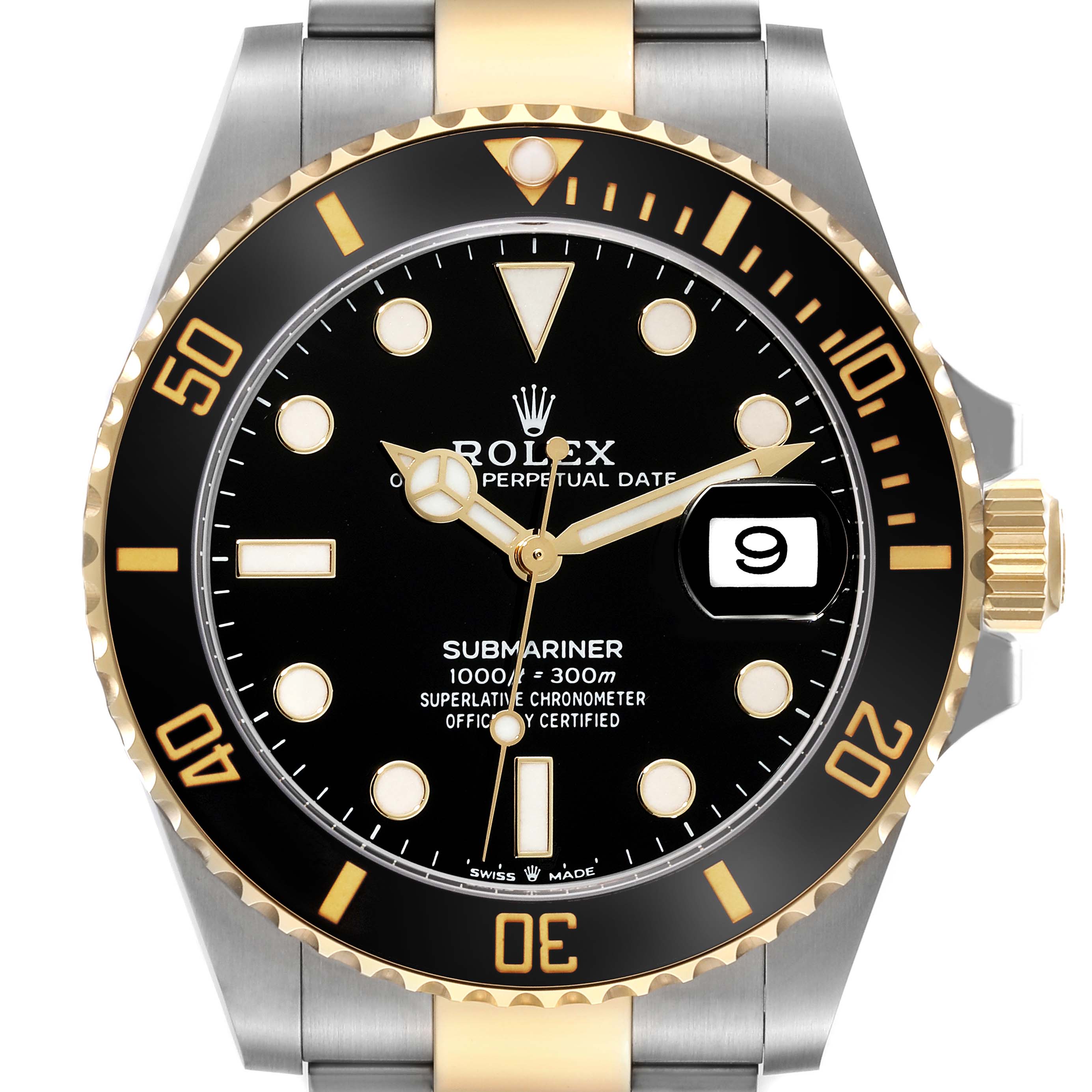 The image shows a front view of a Rolex Submariner 126613LN Men
s Steel and Gold (two tone) Black Dial 126613LN Men
s Steel and Gold (two tone) Black Dial watch, highlighting the dial, bezel, and part of the band.