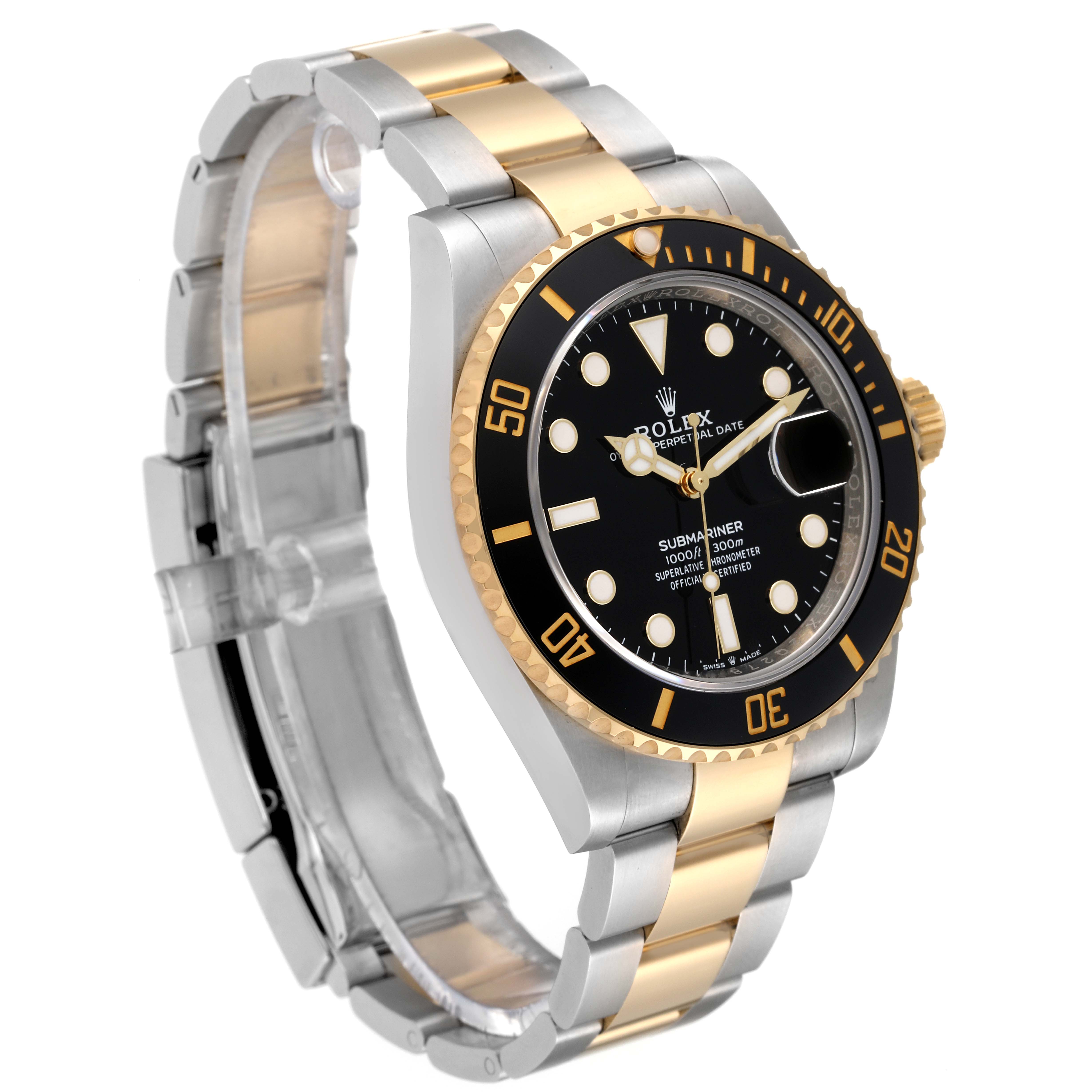 The Rolex Submariner 126613LN Men
s Steel and Gold (two tone) Black Dial 126613LN Men
s Steel and Gold (two tone) Black Dial watch is shown at an angle revealing the face, bezel, crown, and two-tone bracelet.