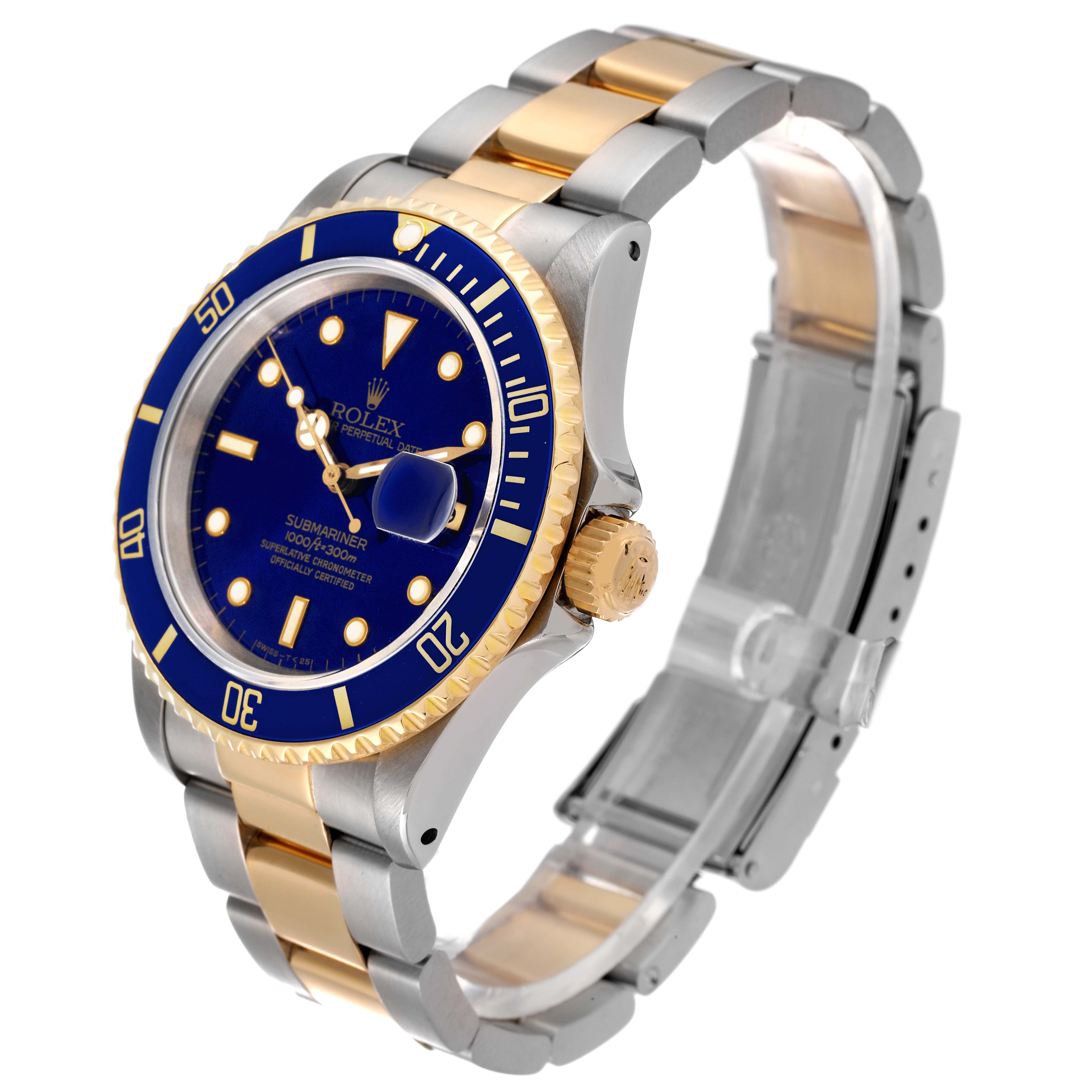 This image shows a side-view angle of a Rolex Submariner 16613 Men's Steel and Gold (two tone) Blue Dial 16613 Men's Steel and Gold (two tone) Blue Dial watch, showcasing its blue dial, bezel, crown, and two-tone metal bracelet.