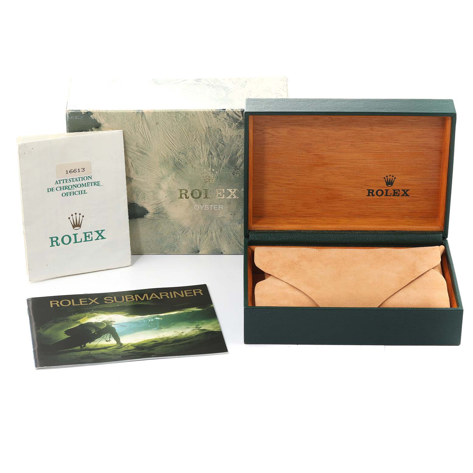 This image shows the open box, outer box, and manuals for a Rolex Submariner 16613 Men's Steel and Gold (two tone) Blue Dial 16613 Men's Steel and Gold (two tone) Blue Dial watch.