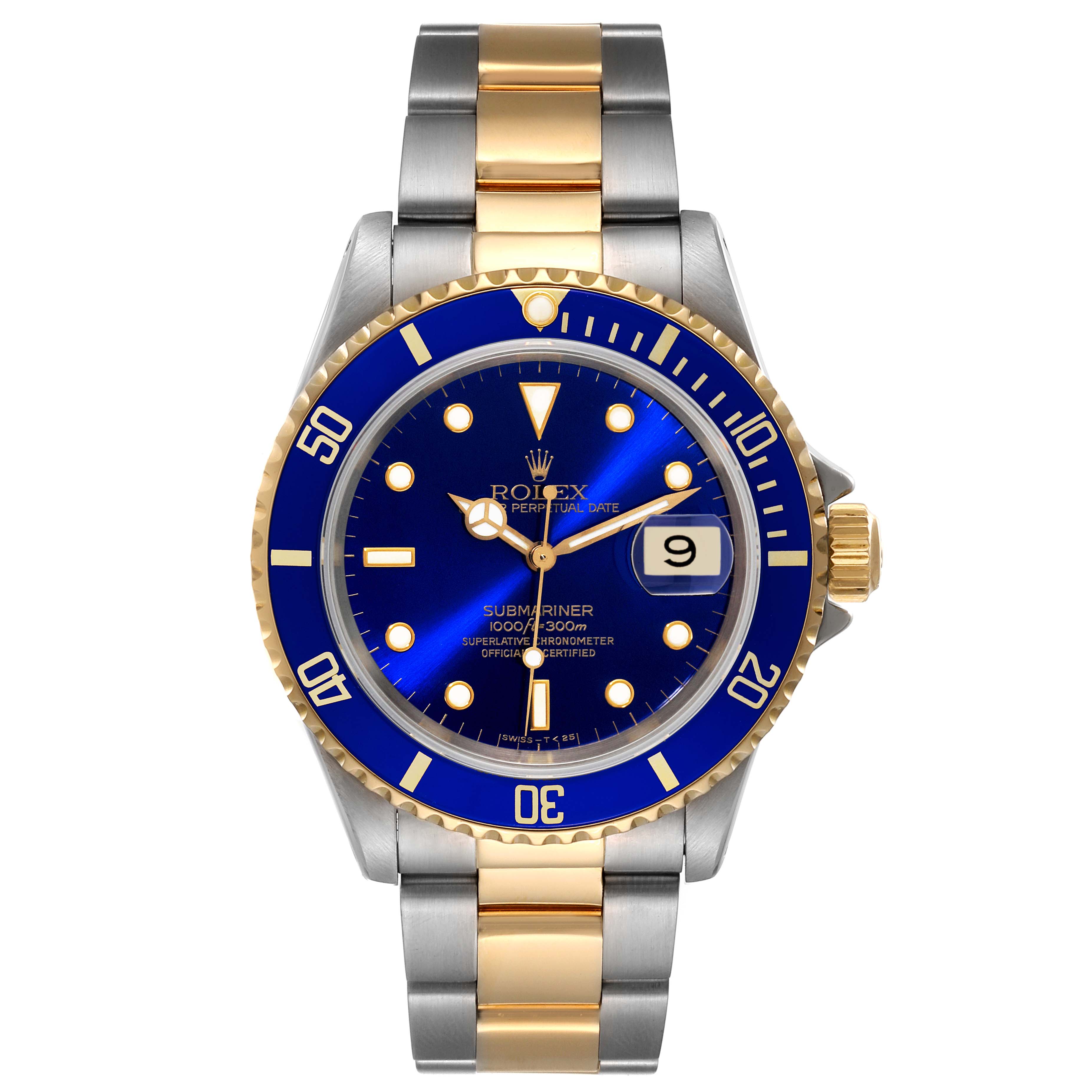 This image shows a frontal view of a Rolex Submariner 16613 Men's Steel and Gold (two tone) Blue Dial 16613 Men's Steel and Gold (two tone) Blue Dial watch, displaying the blue dial, gold bezel, and two-tone metal bracelet.