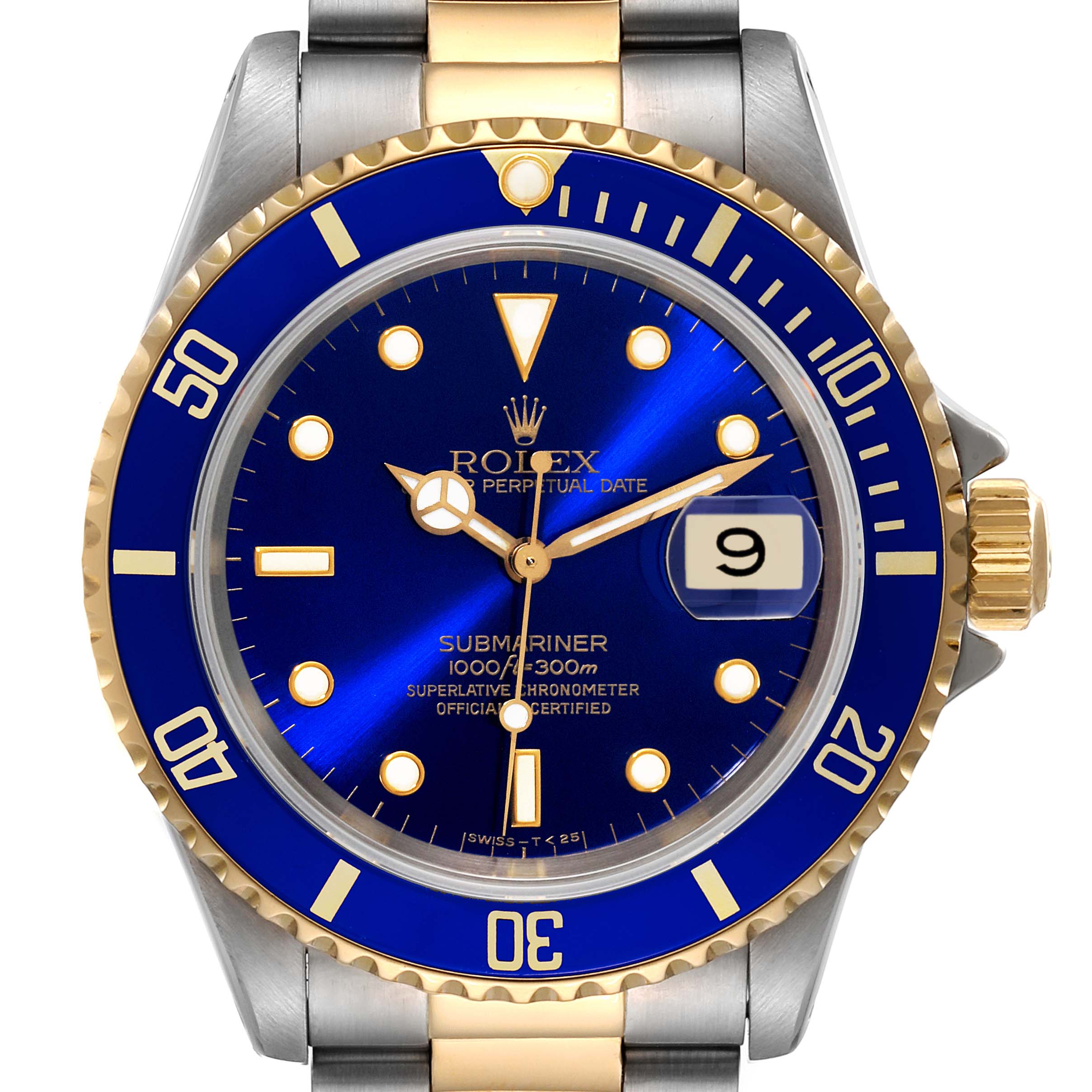 The image shows a front view of the Rolex Submariner 16613 Men's Steel and Gold (two tone) Blue Dial 16613 Men's Steel and Gold (two tone) Blue Dial watch, highlighting the blue dial, date, and bezel.