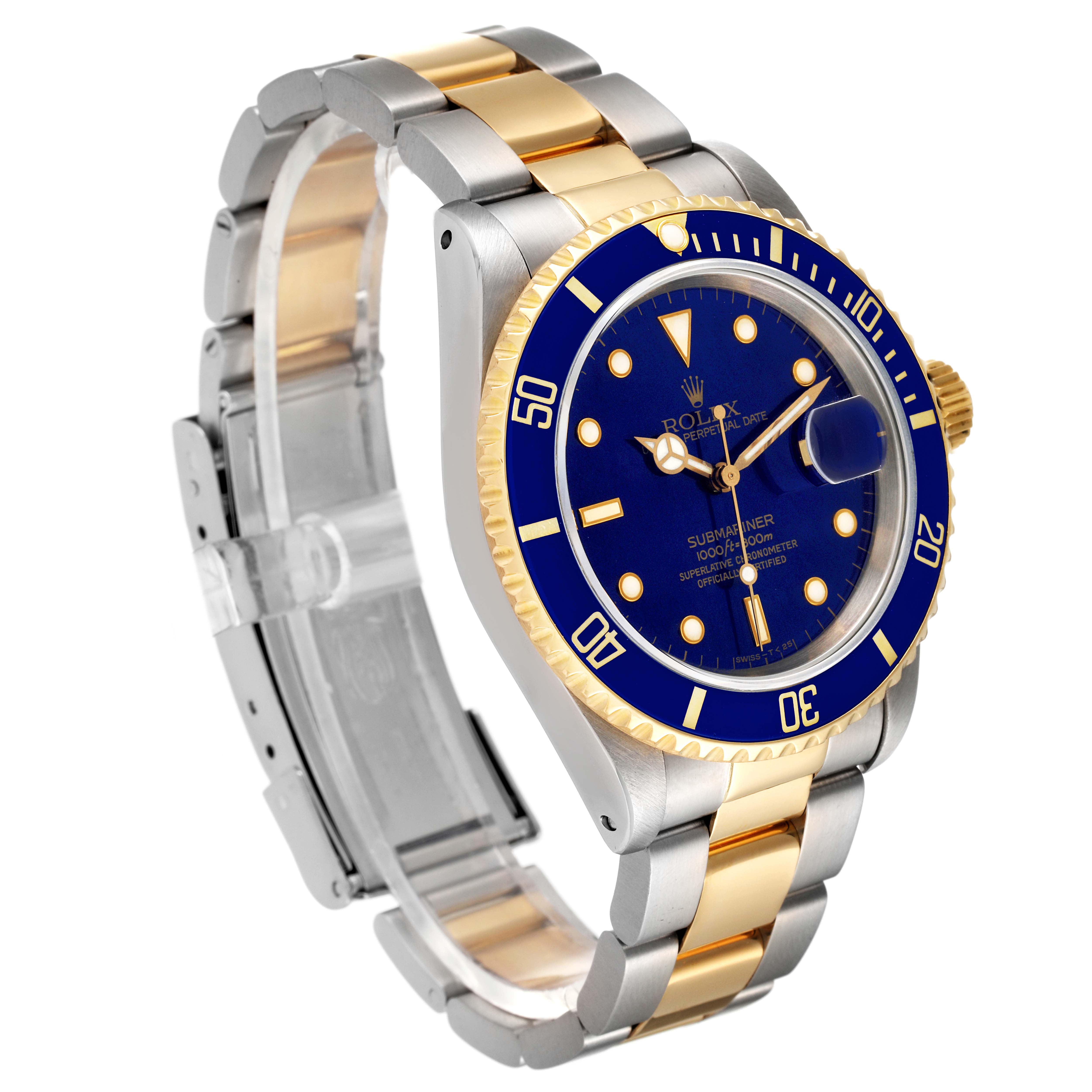 The image shows a side angle of a Rolex Submariner 16613 Men's Steel and Gold (two tone) Blue Dial 16613 Men's Steel and Gold (two tone) Blue Dial watch highlighting its blue dial, gold bezel, and two-tone bracelet.