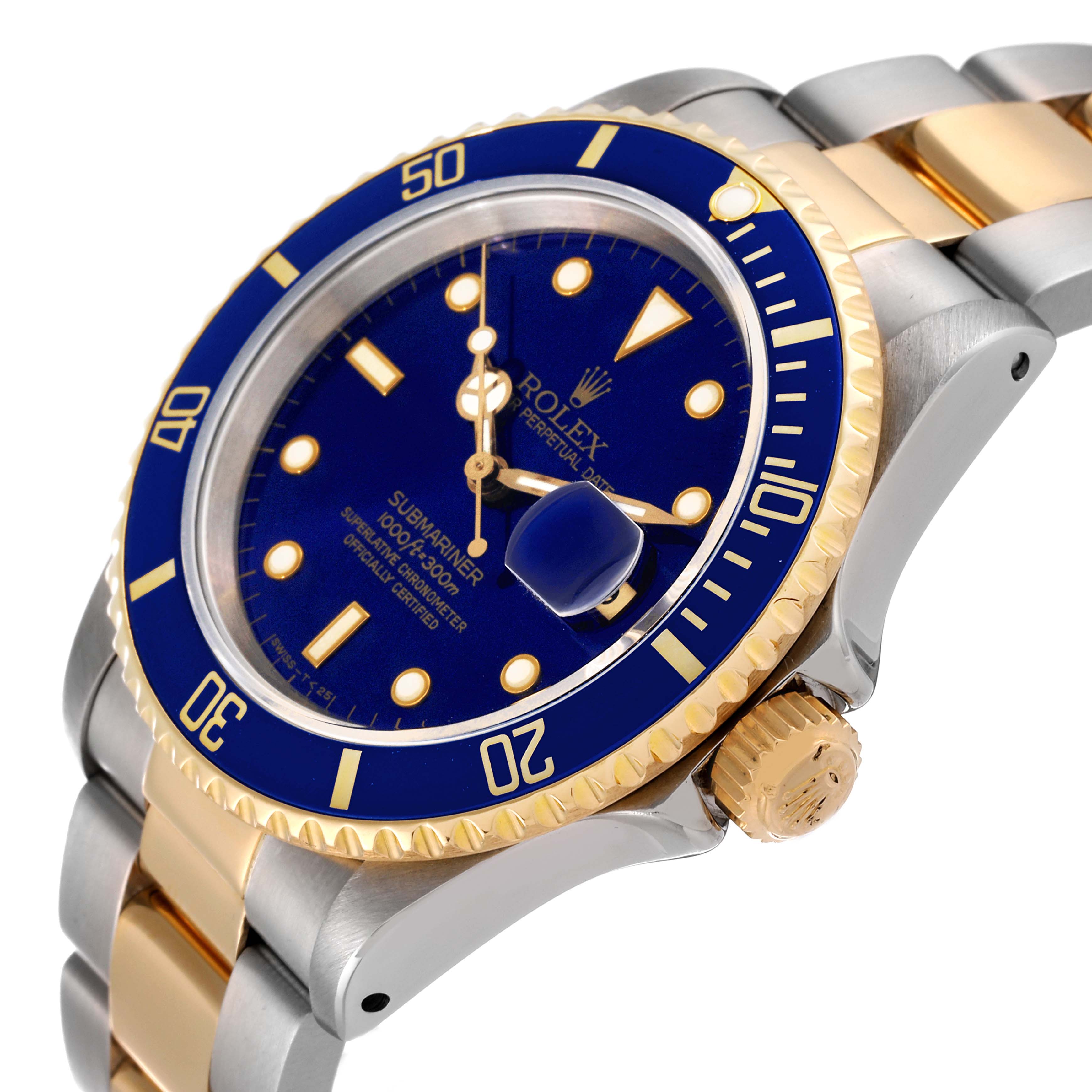 This image shows a Rolex Submariner 16613 Men's Steel and Gold (two tone) Blue Dial 16613 Men's Steel and Gold (two tone) Blue Dial watch at an angle highlighting its blue dial, gold accents, and stainless steel bracelet.