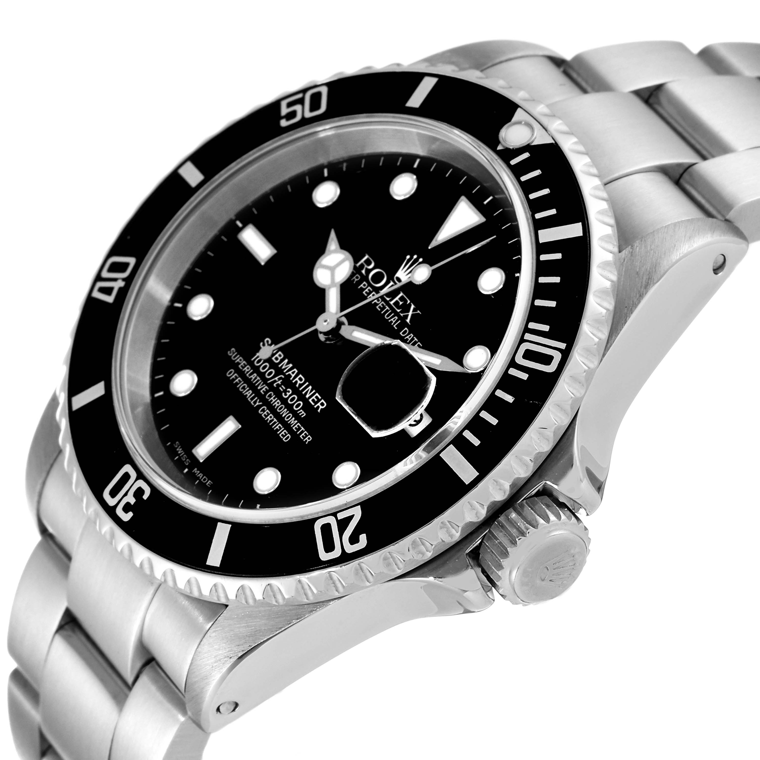 The image shows a close-up angle of the Rolex Submariner 16610 Men
s Stainless Steel Black Dial 16610 Men
s Stainless Steel Black Dial
s face, bezel, crown, and part of the bracelet.