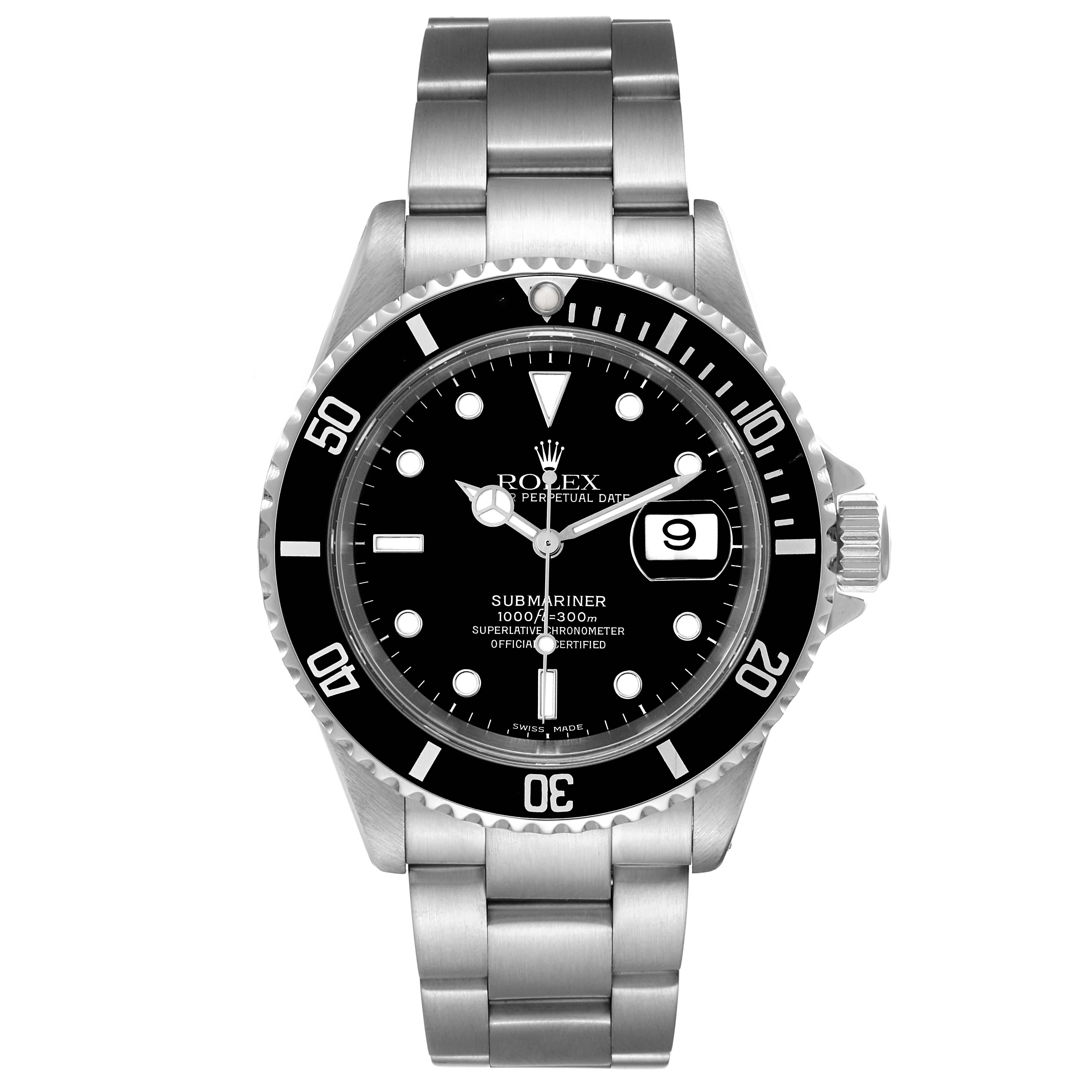 The image shows a front view of a Rolex Submariner 16610 Men
s Stainless Steel Black Dial 16610 Men
s Stainless Steel Black Dial watch displaying the bezel, dial, and bracelet.