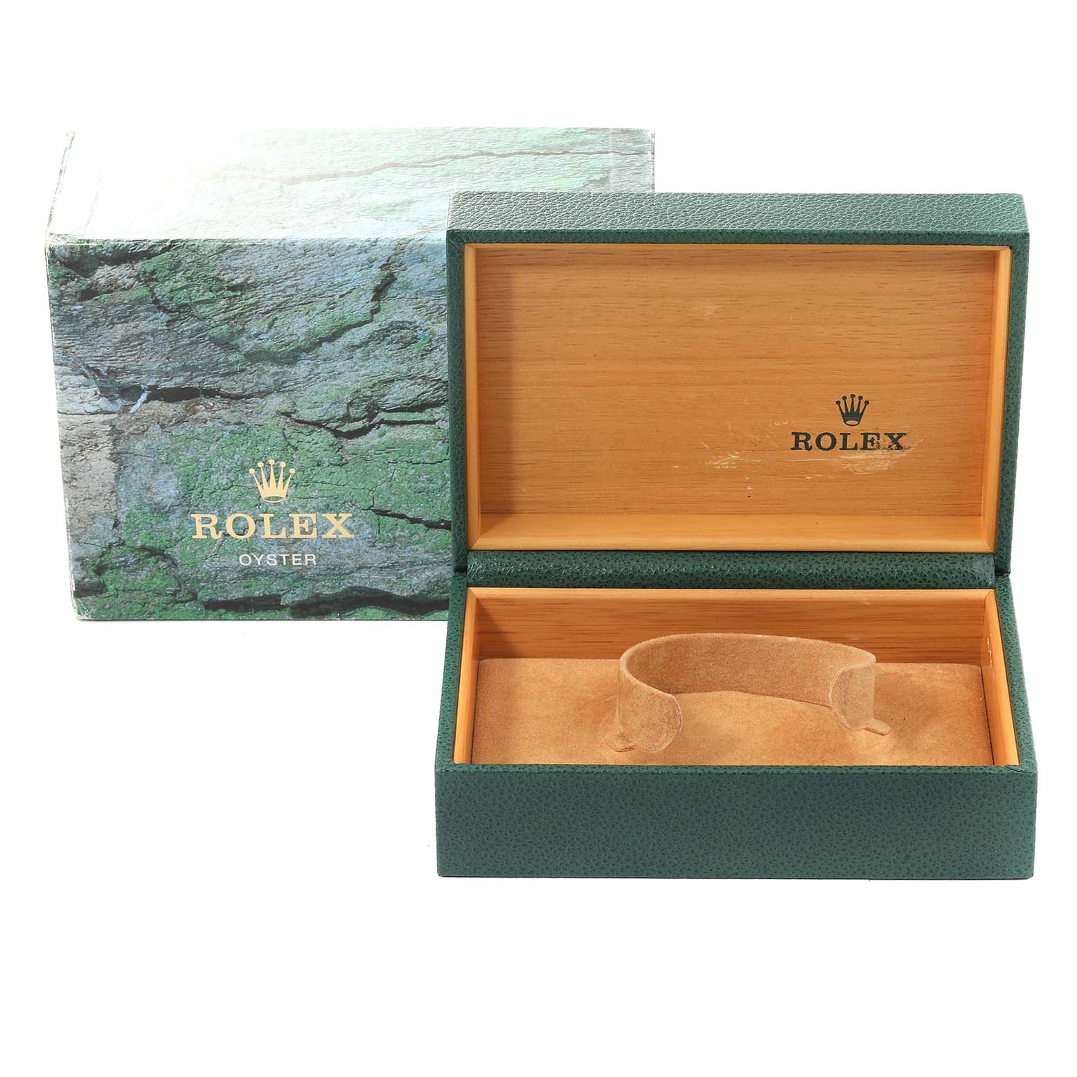 The image shows the open box and outer packaging for a Rolex Submariner 16610 Men
s Stainless Steel Black Dial 16610 Men
s Stainless Steel Black Dial watch, with the interior wrist cushion visible.