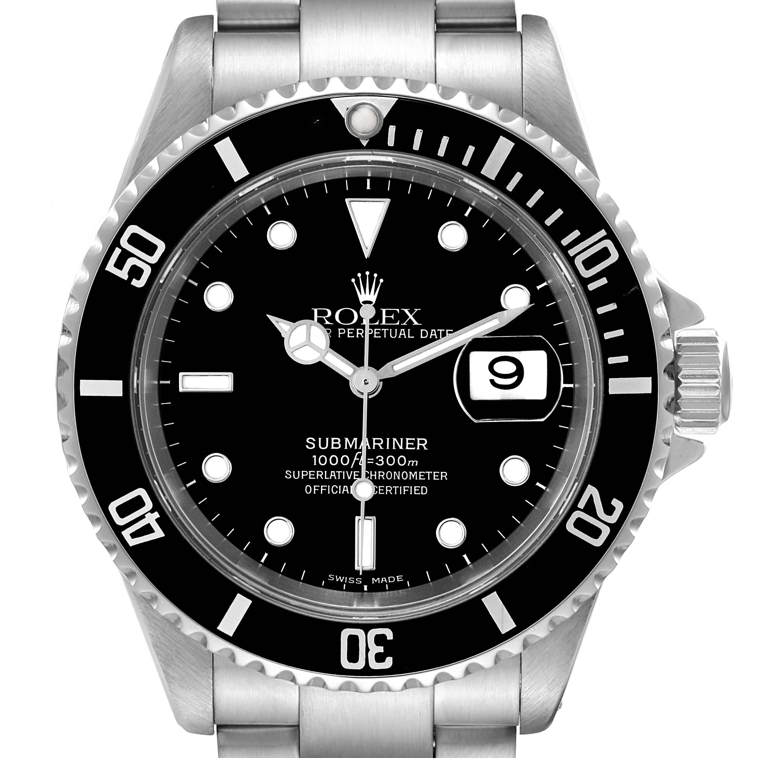 The image shows a front view of a Rolex Submariner 16610 Men
s Stainless Steel Black Dial 16610 Men
s Stainless Steel Black Dial watch, displaying the face, bezel, and part of the bracelet.