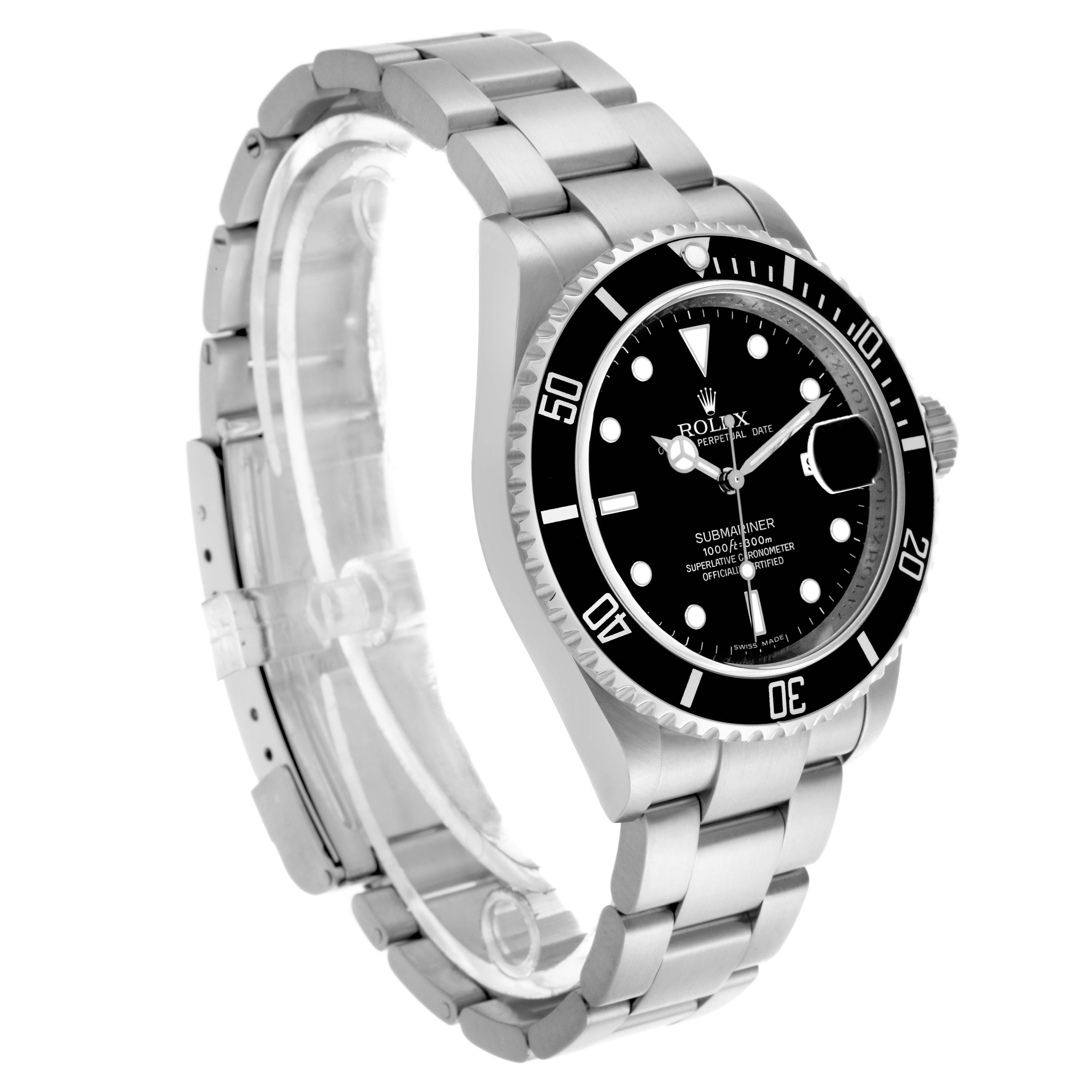 The Rolex Submariner 16610 Men's Stainless Steel Black Dial 16610 Men's Stainless Steel Black Dial watch is shown at a three-quarter angle, displaying the face, bezel, and bracelet.