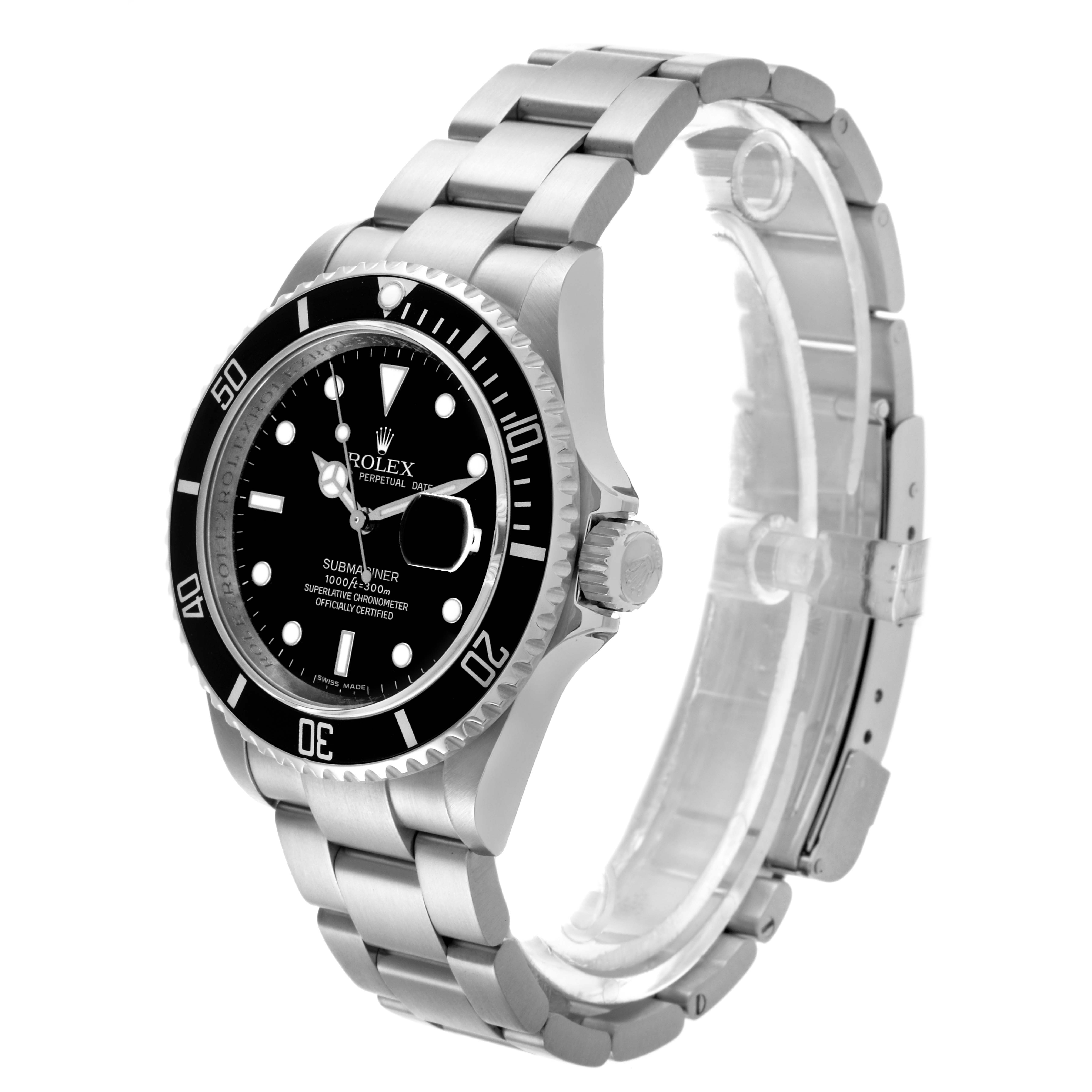 The Rolex Submariner 16610 Men's Stainless Steel Black Dial 16610 Men's Stainless Steel Black Dial watch is shown at a three-quarter angle, highlighting the dial, bezel, crown, and bracelet.