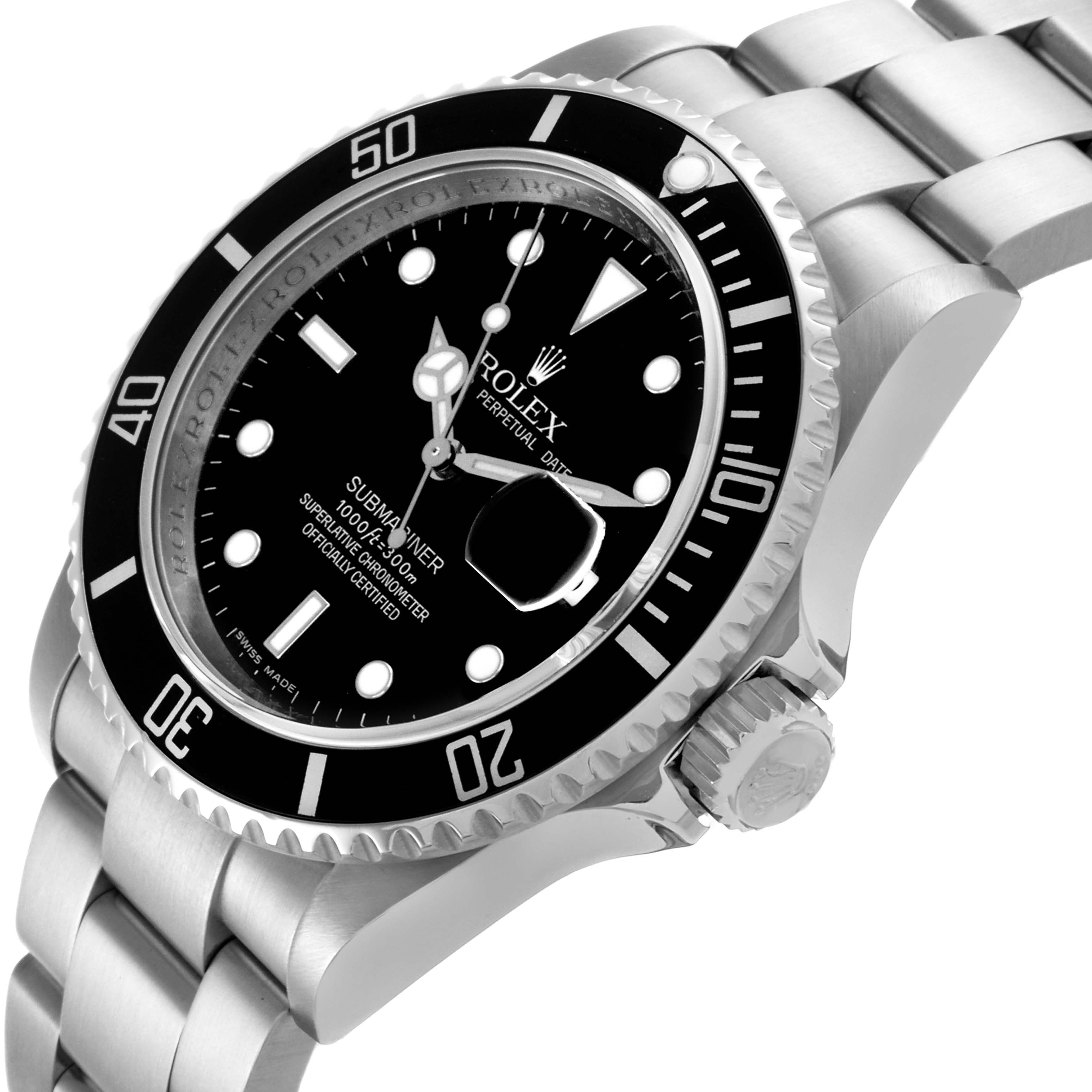 The Rolex Submariner 16610 Men's Stainless Steel Black Dial 16610 Men's Stainless Steel Black Dial watch is shown at a tilted angle, displaying the face, bezel, crown, and part of the bracelet.