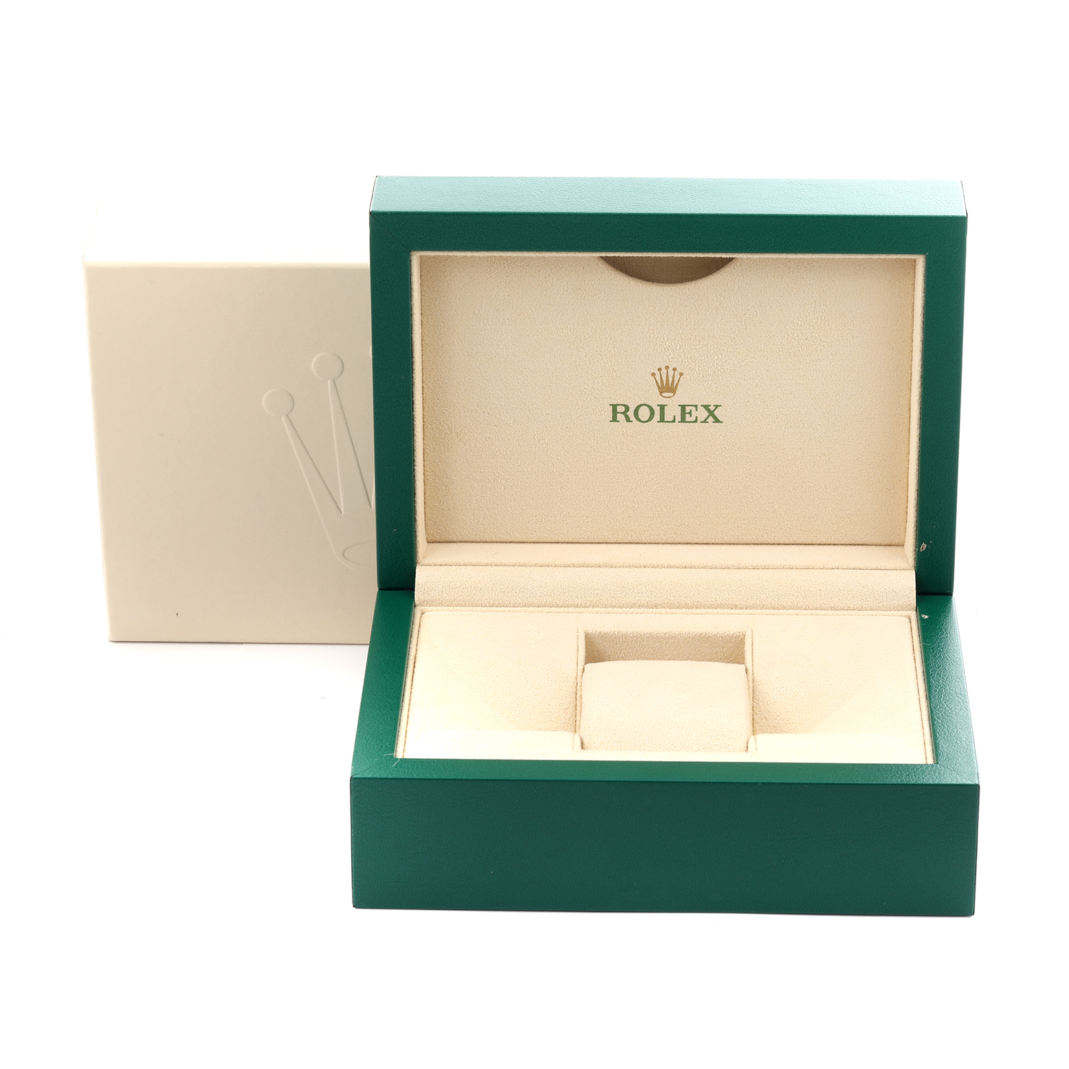 This image shows an open Rolex Submariner 16610 Men's Stainless Steel Black Dial 16610 Men's Stainless Steel Black Dial watch box, viewed from the front, displaying its interior lining.