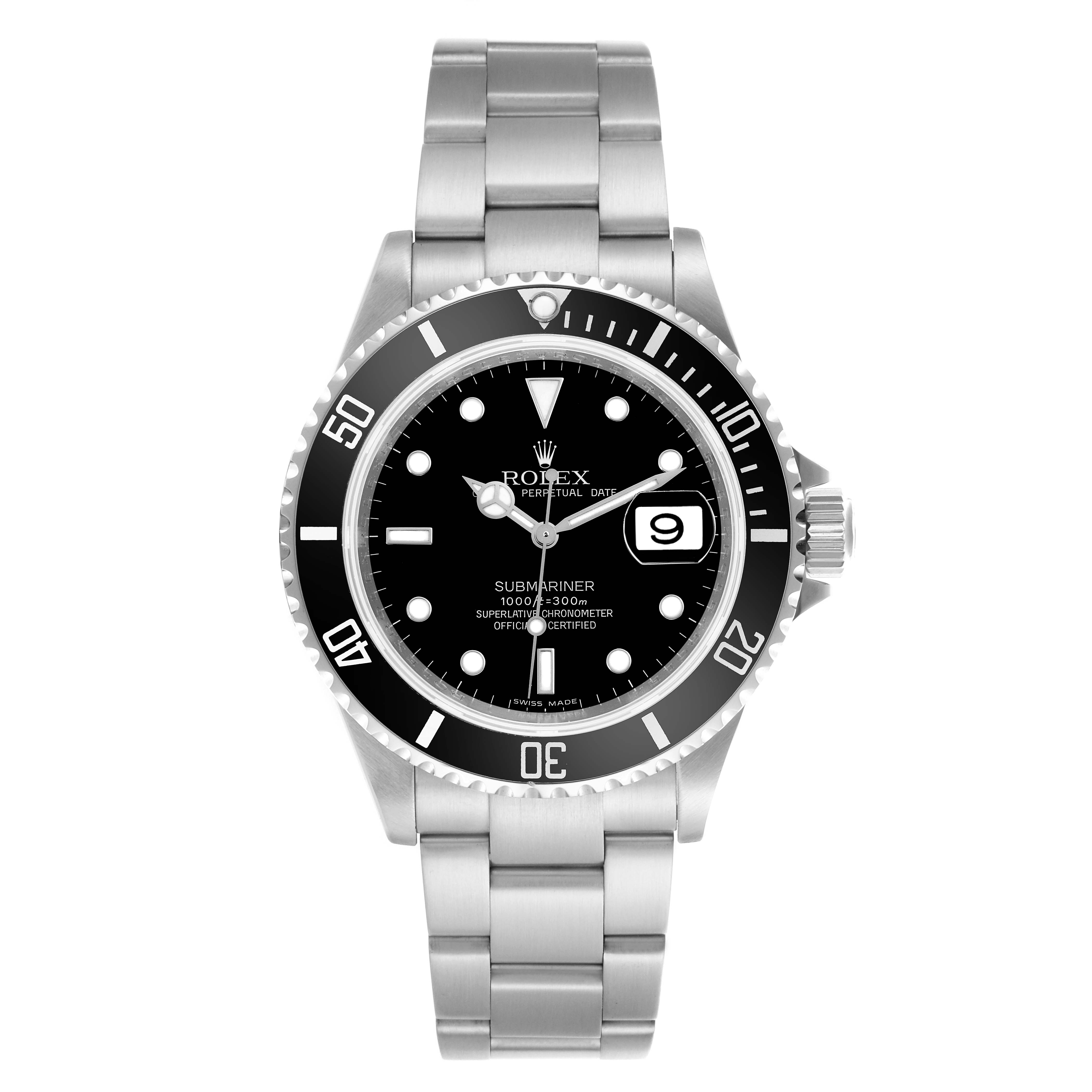 The Rolex Submariner 16610 Men's Stainless Steel Black Dial 16610 Men's Stainless Steel Black Dial watch is shown from a front angle, displaying the dial, bezel, and part of the bracelet.