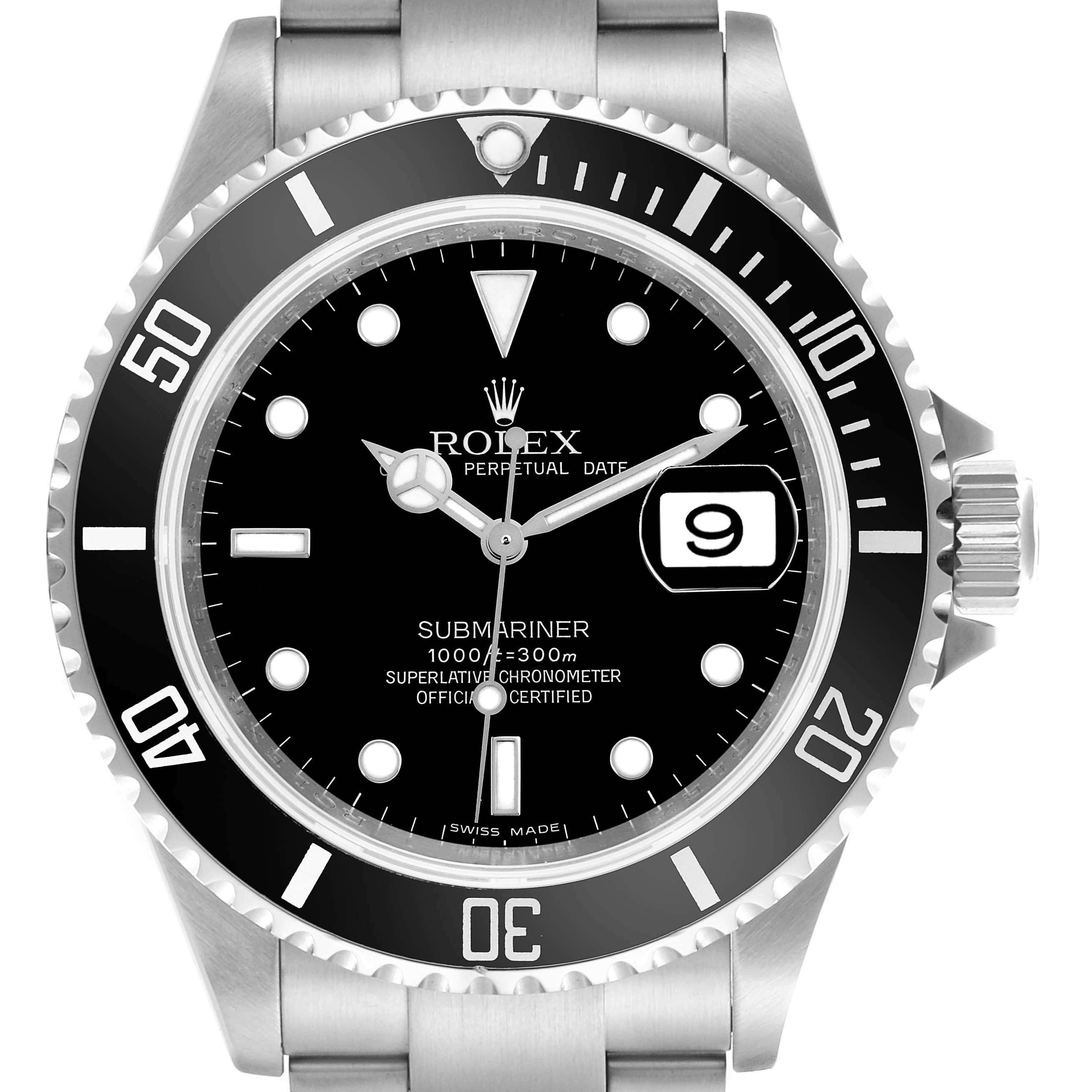 The image shows a frontal view of a Rolex Submariner 16610 Men's Stainless Steel Black Dial 16610 Men's Stainless Steel Black Dial, highlighting its bezel, dial, hands, and date window.
