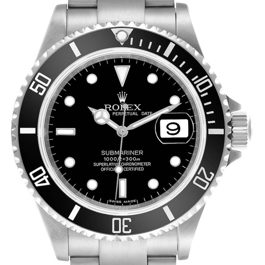 The image shows a frontal view of a Rolex Submariner, highlighting its bezel, dial, hands, and date window.