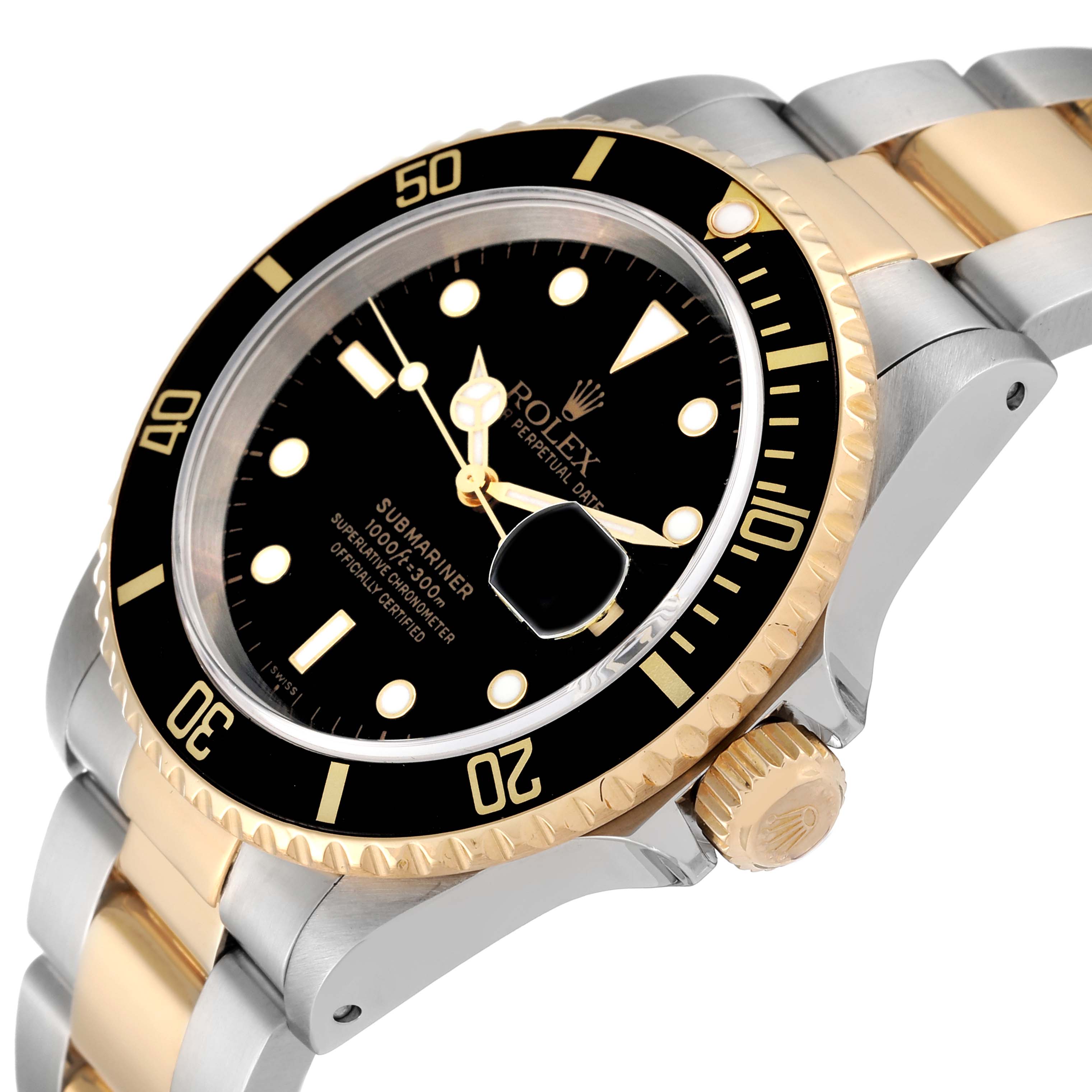 This image shows a close-up, angled view of the Rolex Submariner 16613 Men
s Steel and Gold (two tone) Black Dial 16613 Men
s Steel and Gold (two tone) Black Dial watch, highlighting the bezel, dial, and part of the bracelet.