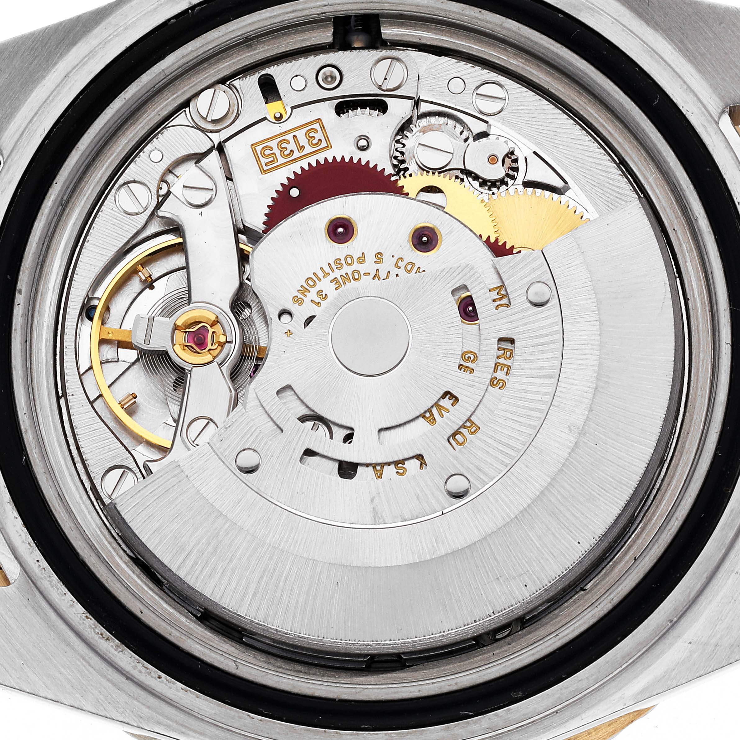 The image shows a close-up view of the movement mechanism inside the case of a Rolex Submariner 16613 Men
s Steel and Gold (two tone) Black Dial 16613 Men
s Steel and Gold (two tone) Black Dial watch.