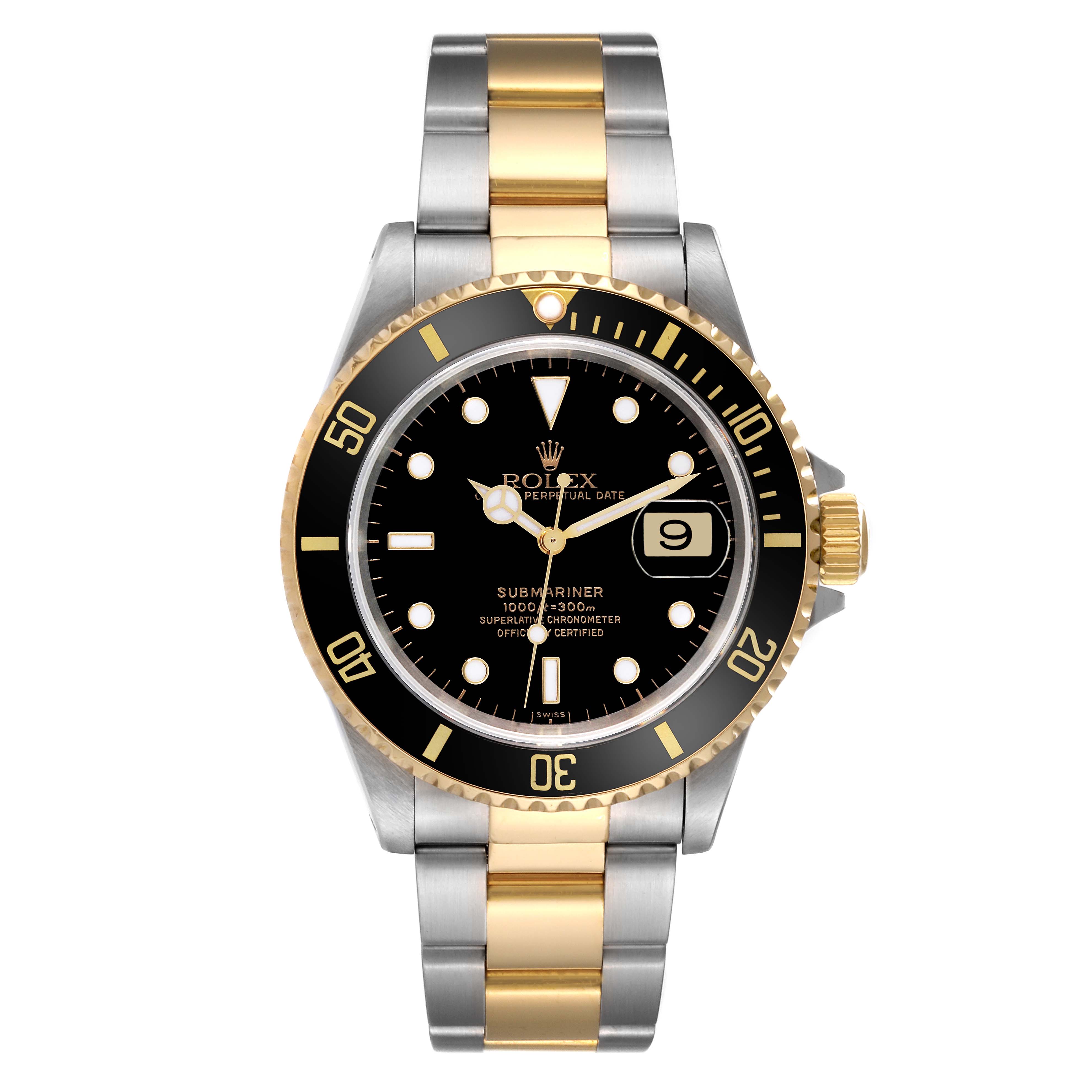The image shows a front view of a Rolex Submariner 16613 Men
s Steel and Gold (two tone) Black Dial 16613 Men
s Steel and Gold (two tone) Black Dial watch, featuring a black dial, gold accents, and a two-tone bracelet.