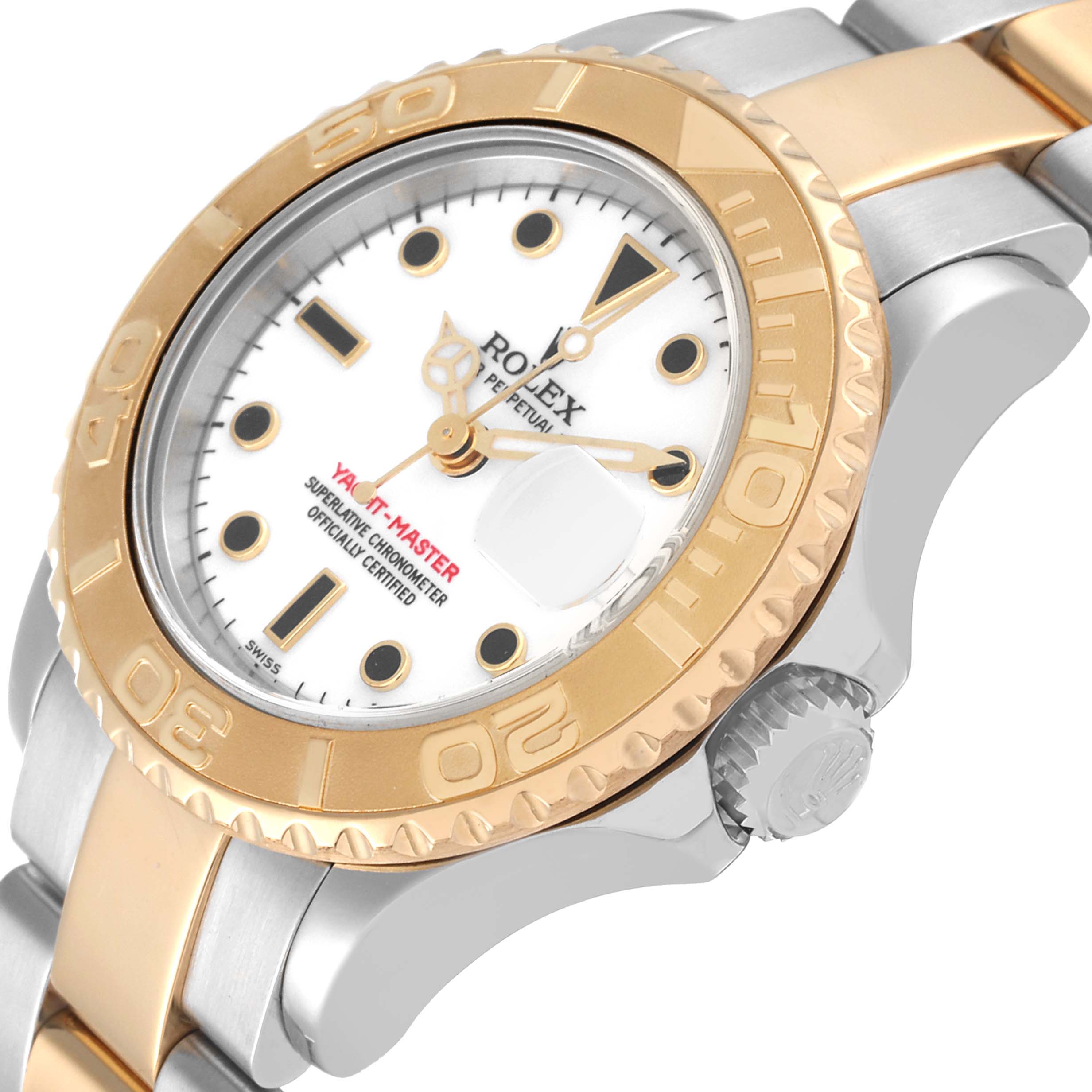 This image shows a top and side view of a Rolex Yacht-Master 169623 Women's Steel and Gold (two tone) White Dial 169623 Women's Steel and Gold (two tone) White Dial watch, highlighting its dial, bezel, case, and bracelet.