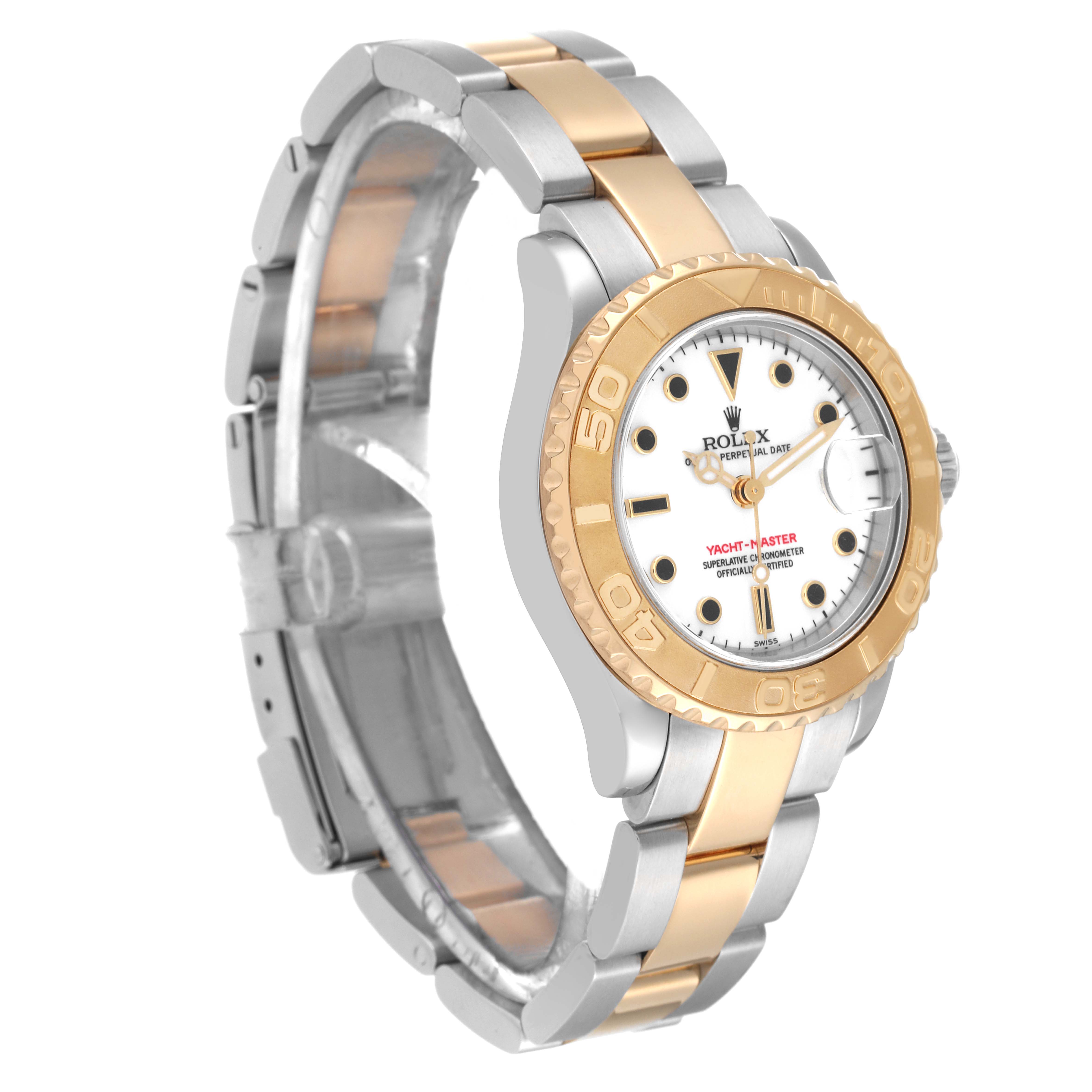 This Rolex Yacht-Master 169623 Women's Steel and Gold (two tone) White Dial 169623 Women's Steel and Gold (two tone) White Dial watch is shown from an angled side view, highlighting the bezel, dial, and bracelet.