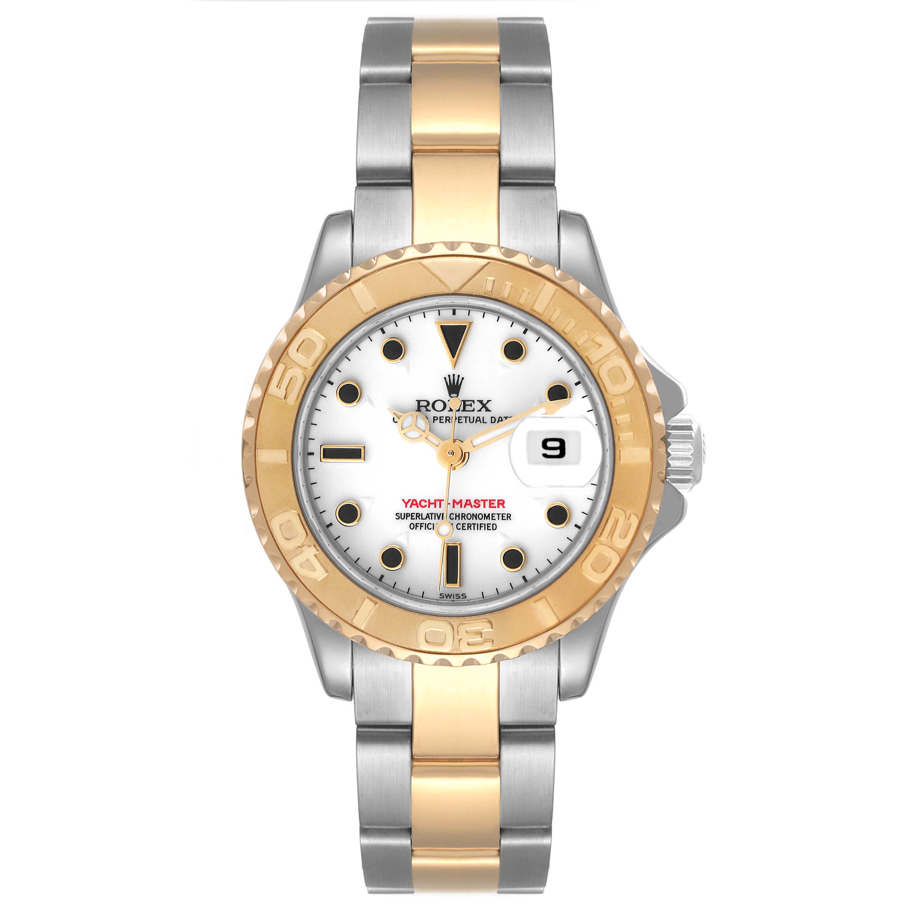 The image shows a front view of the Rolex Yacht-Master 169623 Women's Steel and Gold (two tone) White Dial 169623 Women's Steel and Gold (two tone) White Dial watch, highlighting the dial, bezel, and bracelet.