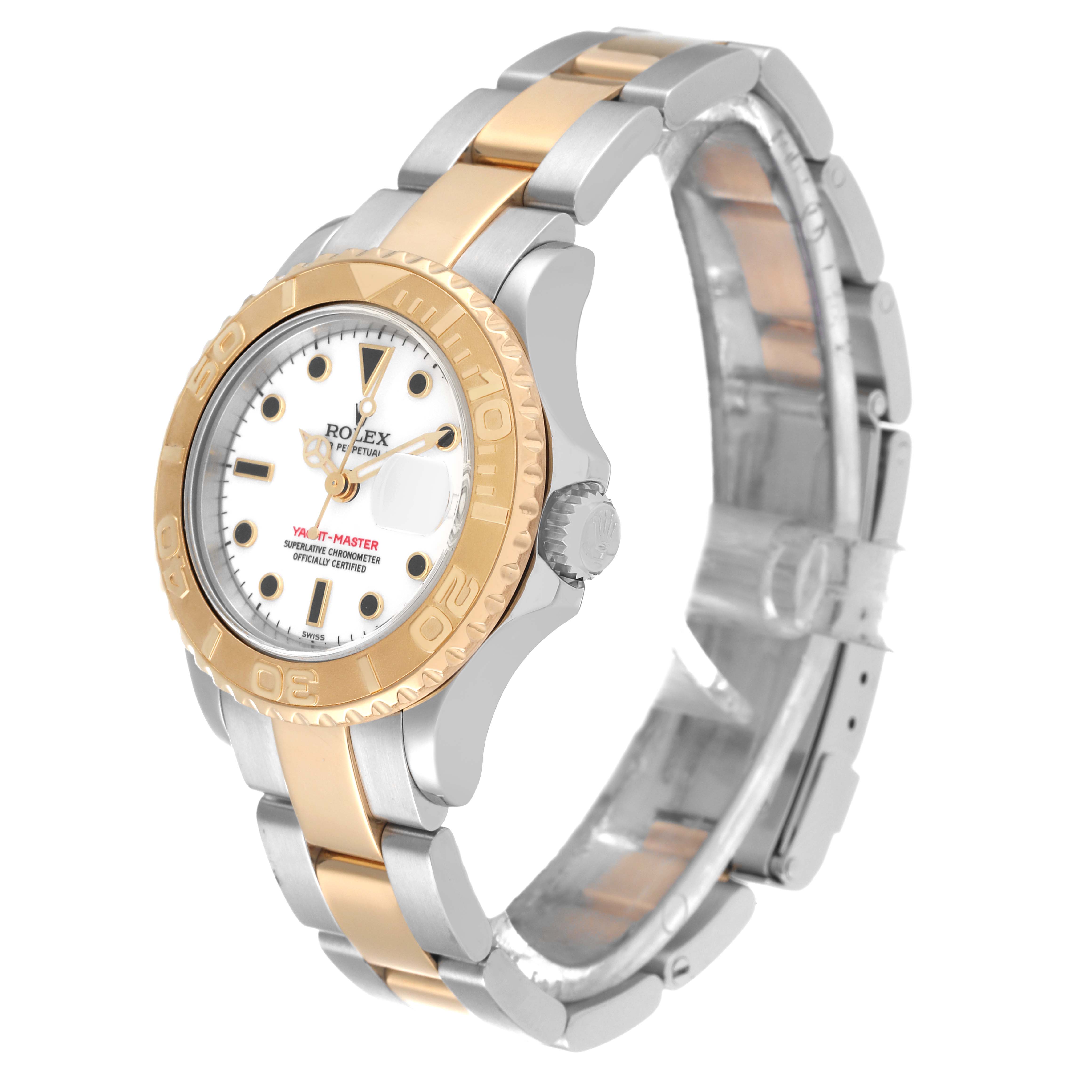 The Rolex Yacht-Master 169623 Women's Steel and Gold (two tone) White Dial 169623 Women's Steel and Gold (two tone) White Dial watch is shown from an angled side view displaying the face, bezel, and bracelet.