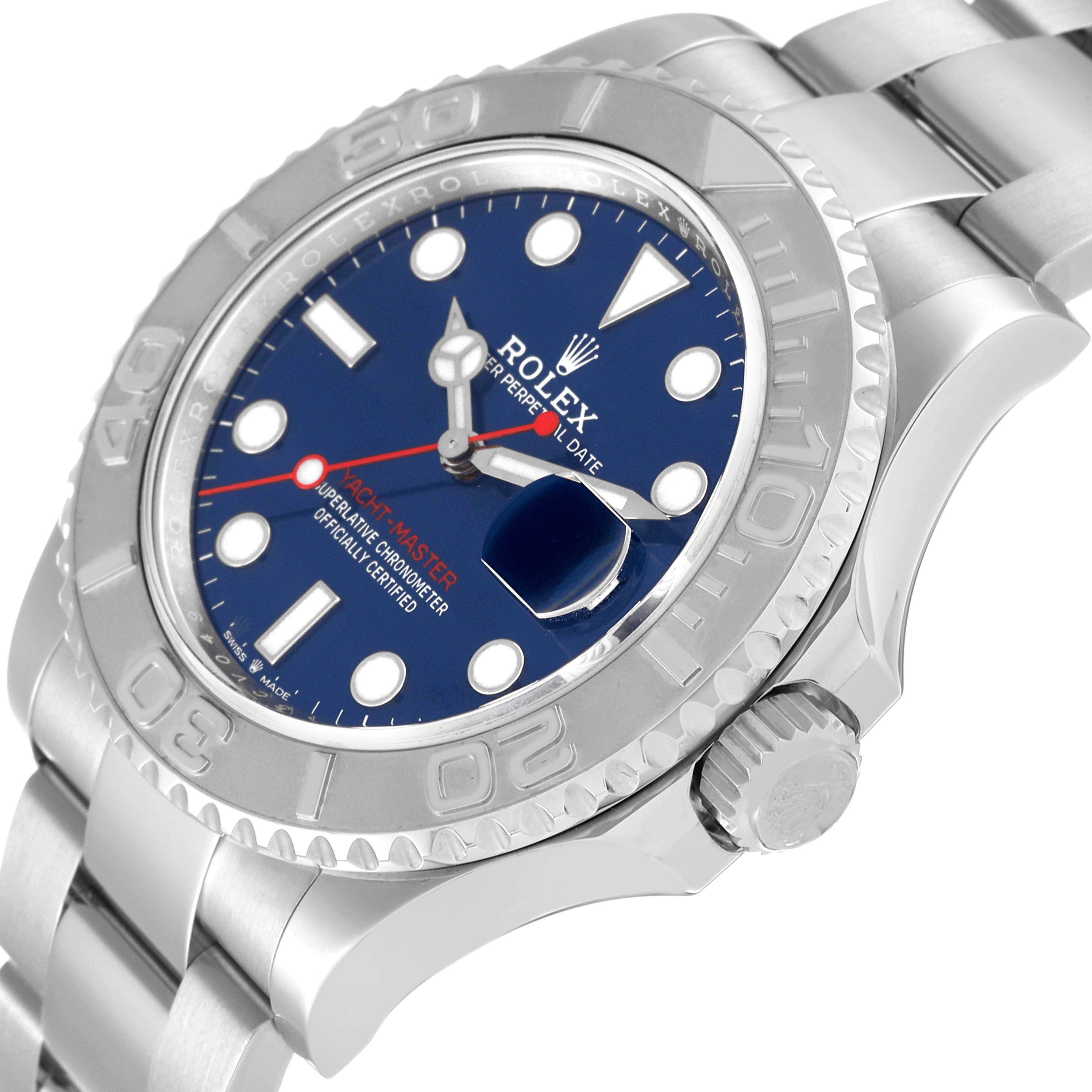 The image shows the Rolex Yacht-Master 126622 Men's Stainless Steel Blue Dial 126622 Men's Stainless Steel Blue Dial watch at a slight angle, highlighting the crown, bezel, and part of the bracelet.