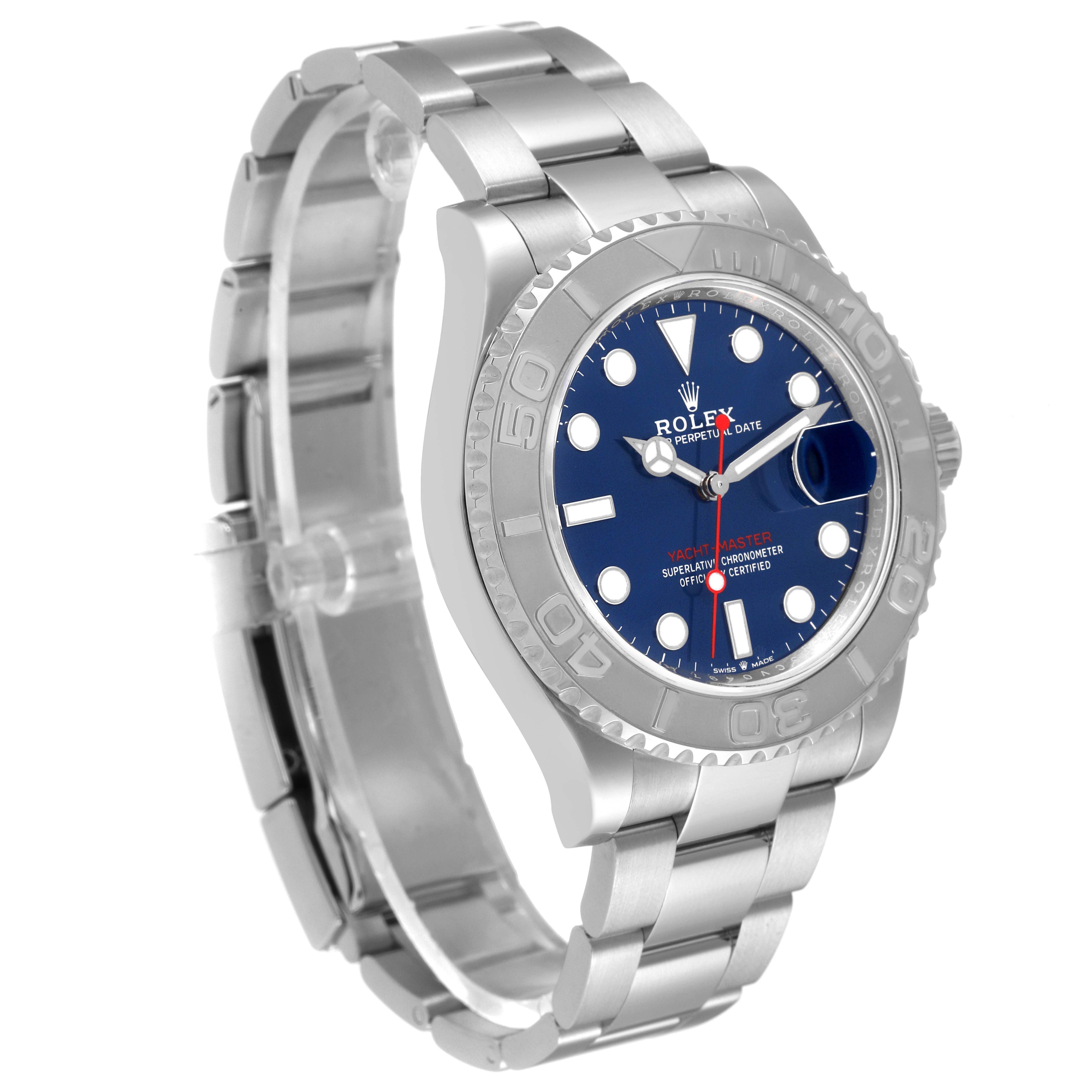 This Rolex Yacht-Master 126622 Men's Stainless Steel Blue Dial 126622 Men's Stainless Steel Blue Dial watch is shown from an angled front view, showcasing the face, bezel, bracelet, and clasp.