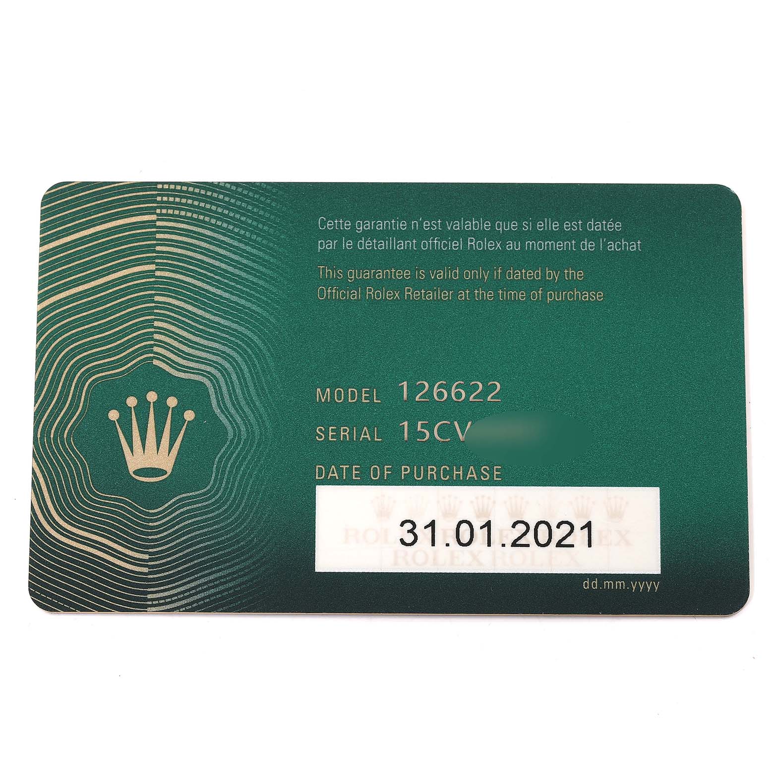 This image shows the warranty card for a Rolex Yacht-Master 126622 Men's Stainless Steel Blue Dial 126622 Men's Stainless Steel Blue Dial model 126622, including serial number and purchase date.
