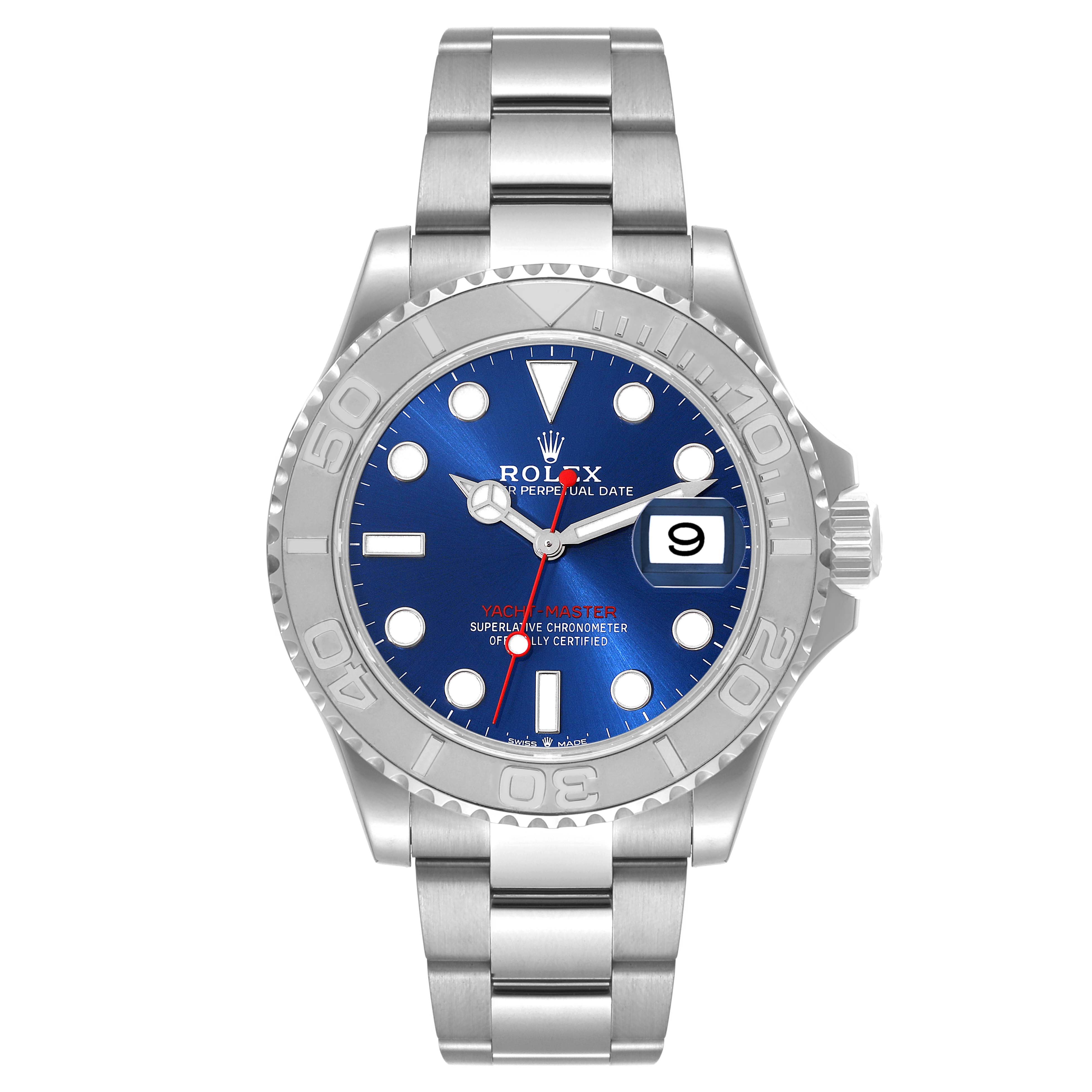 The Rolex Yacht-Master 126622 Men's Stainless Steel Blue Dial 126622 Men's Stainless Steel Blue Dial watch is shown from a front angle, displaying its dial, bezel, and stainless steel bracelet.