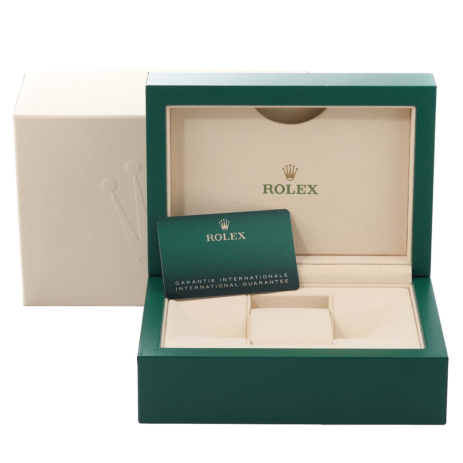 The image shows the open box and international guarantee card for the Rolex Yacht-Master 126622 Men's Stainless Steel Blue Dial 126622 Men's Stainless Steel Blue Dial watch.