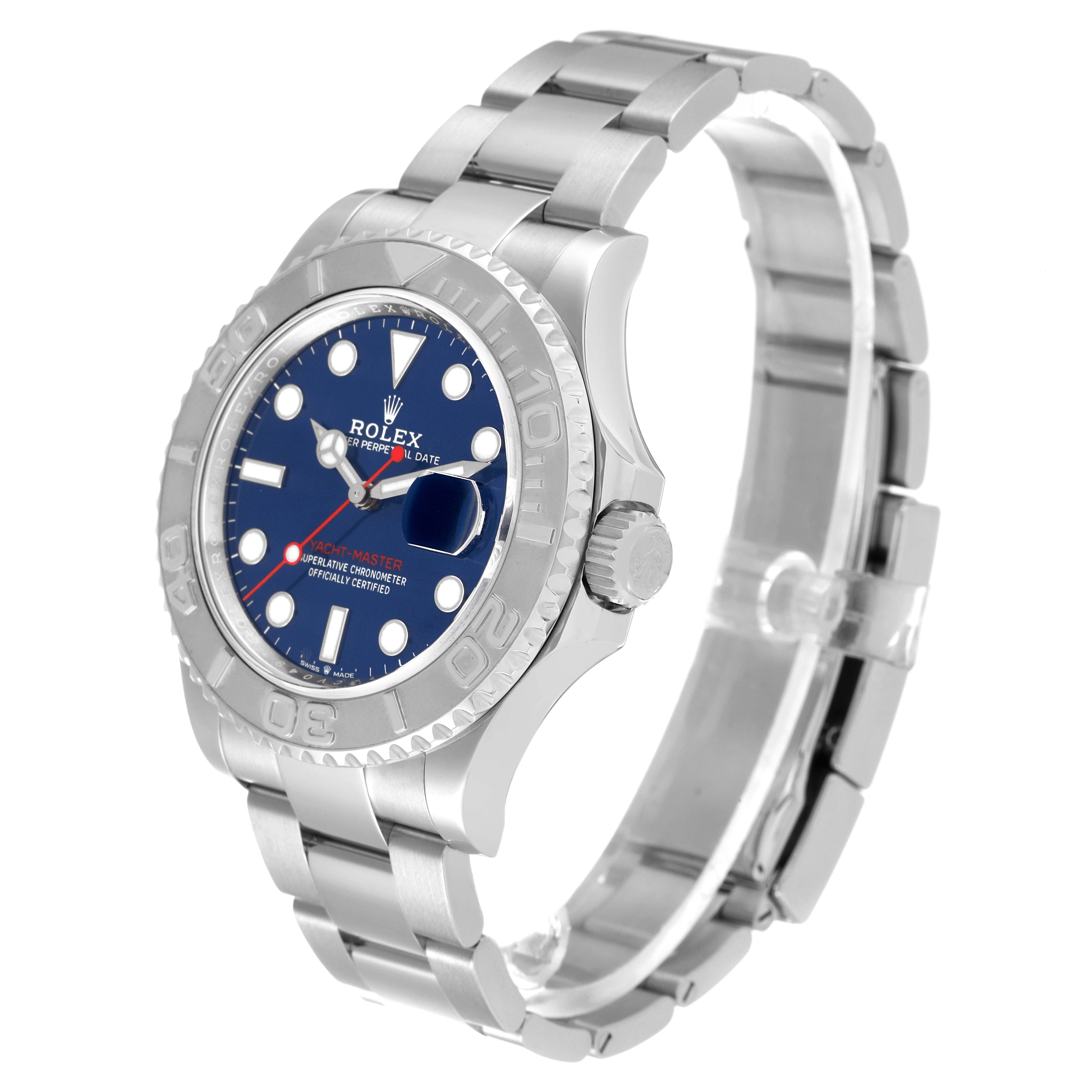 The image shows a Rolex Yacht-Master 126622 Men's Stainless Steel Blue Dial 126622 Men's Stainless Steel Blue Dial watch at a slight side angle, highlighting the face, bezel, and bracelet.