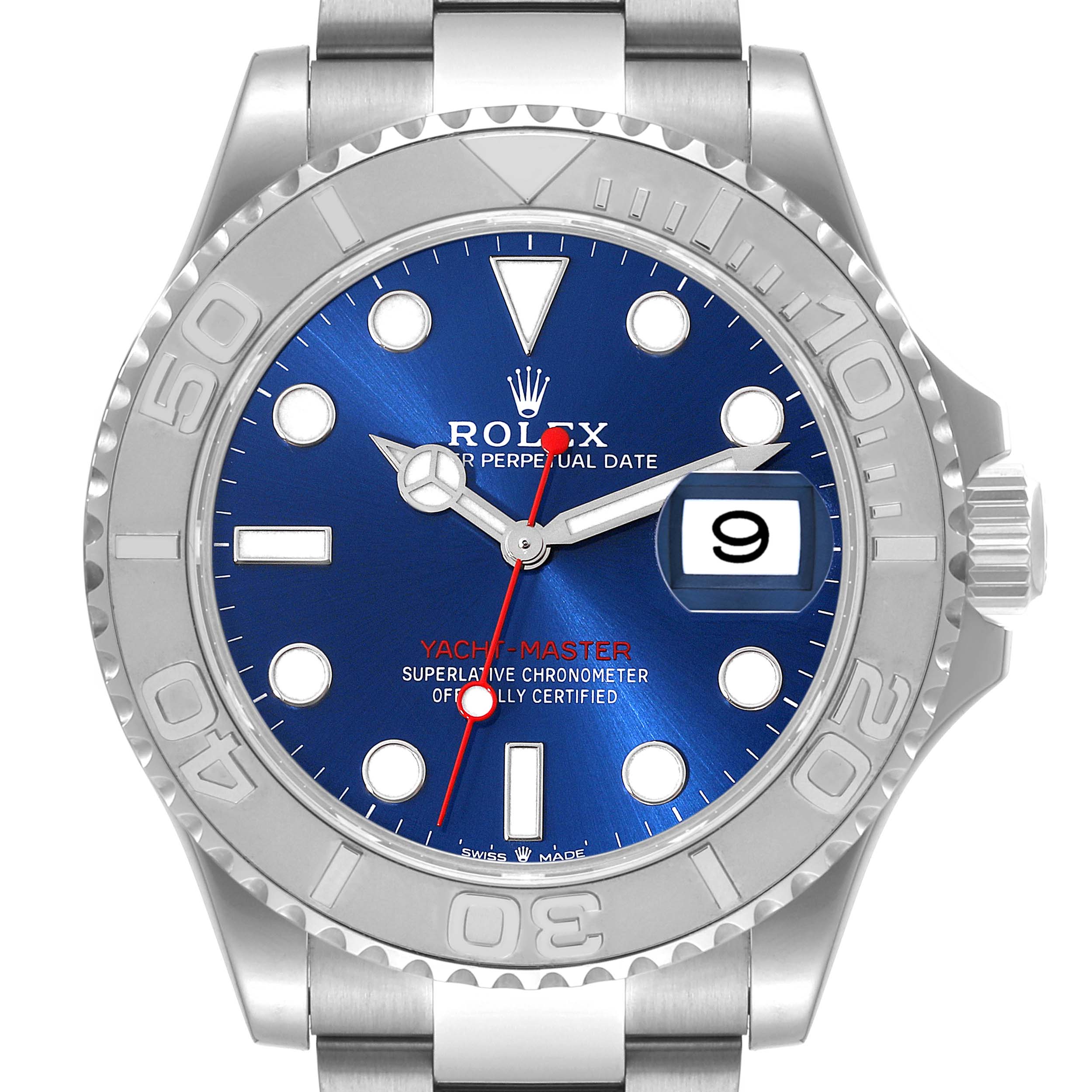 The image shows a front view of the Rolex Yacht-Master 126622 Men's Stainless Steel Blue Dial 126622 Men's Stainless Steel Blue Dial watch, highlighting its blue dial, bezel, and date function.