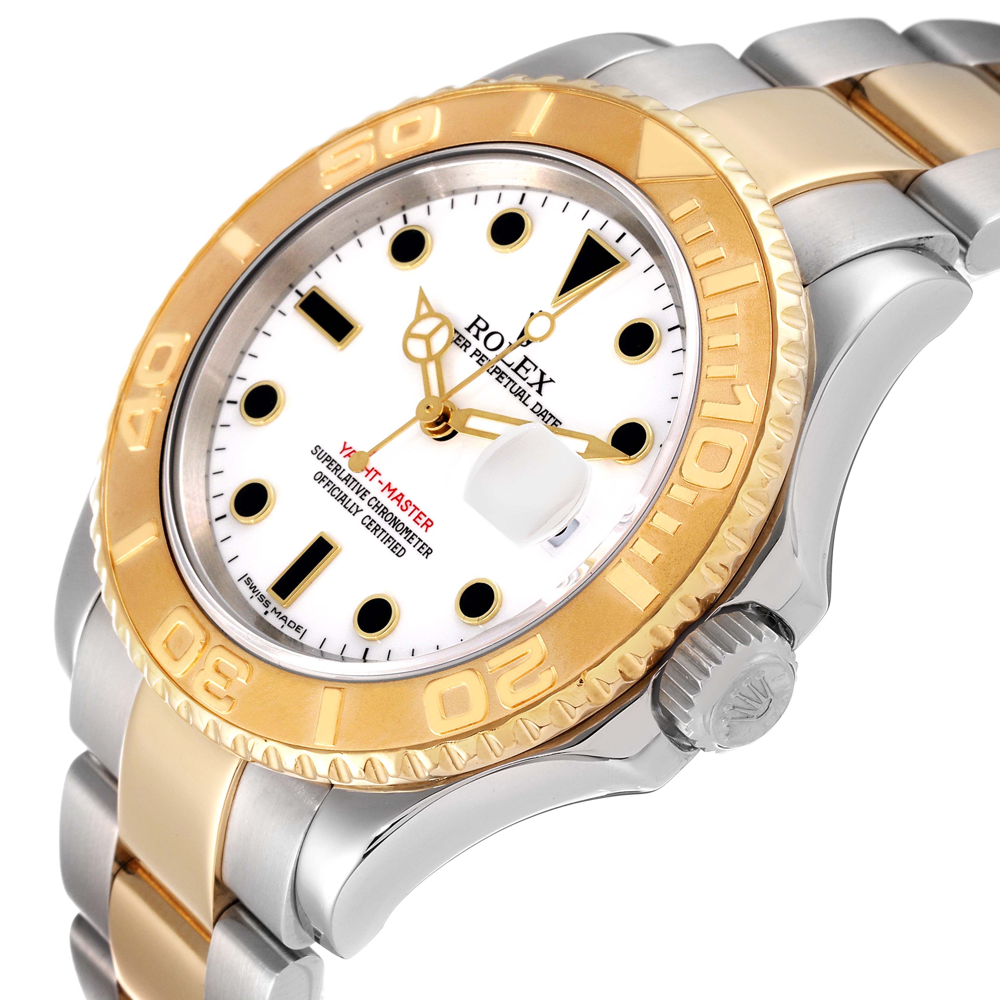 The Rolex Yacht-Master 16623 Men
s Steel and Gold (two tone) White Dial 16623 Men
s Steel and Gold (two tone) White Dial watch is shown at an angled close-up, highlighting the bezel, dial, crown, and part of the bracelet.