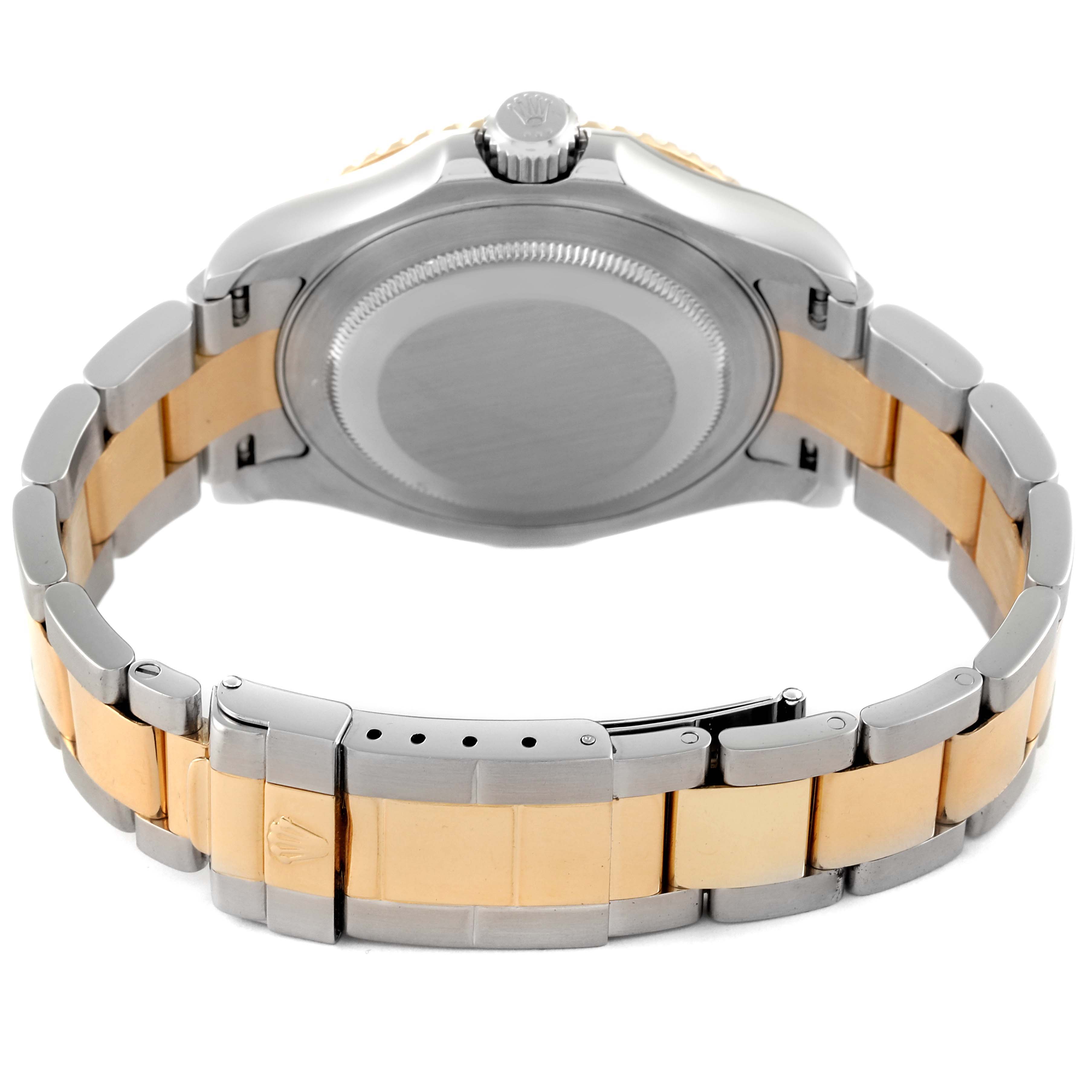 The image shows the back view of a Rolex Yacht-Master 16623 Men
s Steel and Gold (two tone) White Dial 16623 Men
s Steel and Gold (two tone) White Dial watch, focusing on its case back and two-tone bracelet.