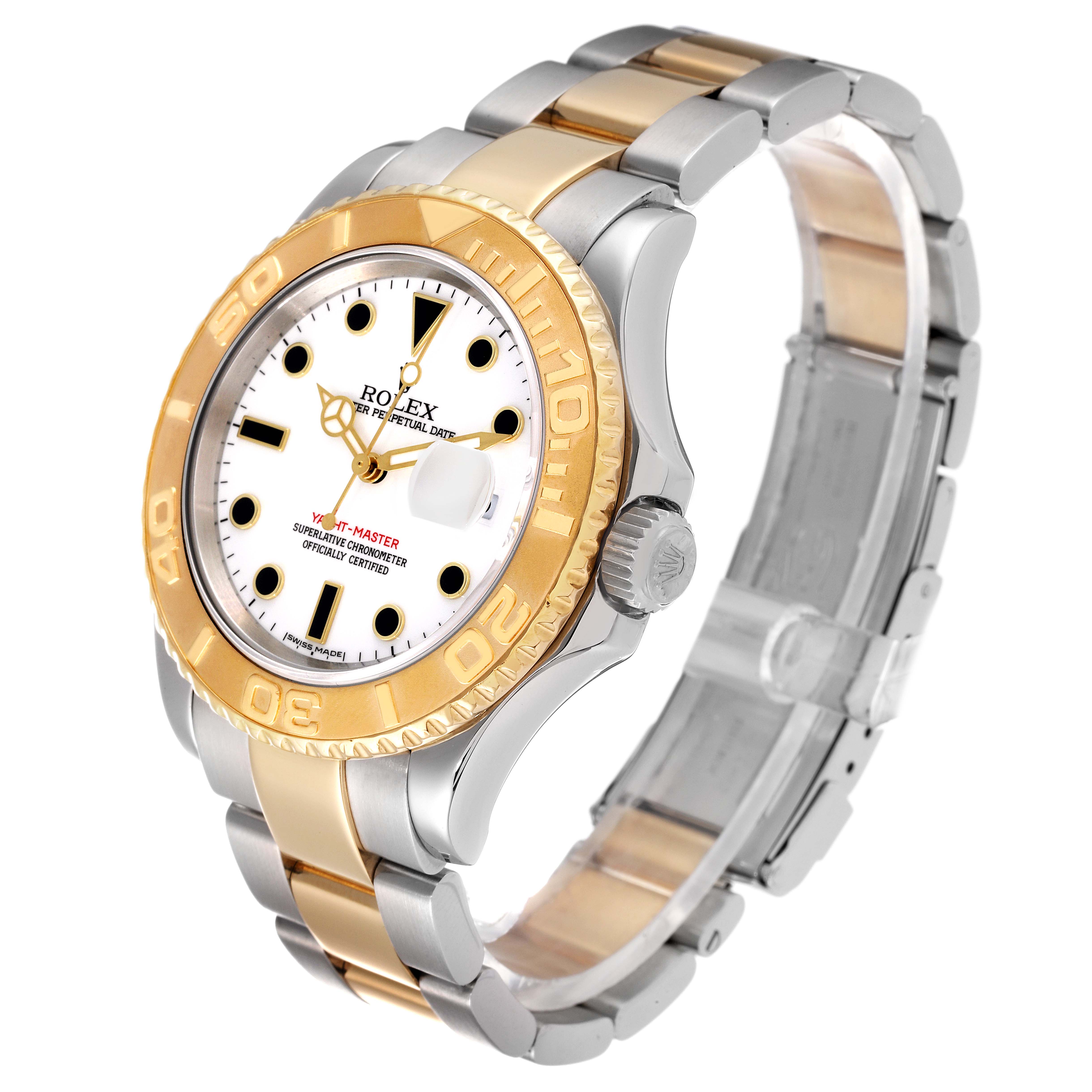 This image shows a Rolex Yacht-Master 16623 Men
s Steel and Gold (two tone) White Dial 16623 Men
s Steel and Gold (two tone) White Dial watch at a three-quarter angle, highlighting the bezel, dial, and two-tone bracelet.
