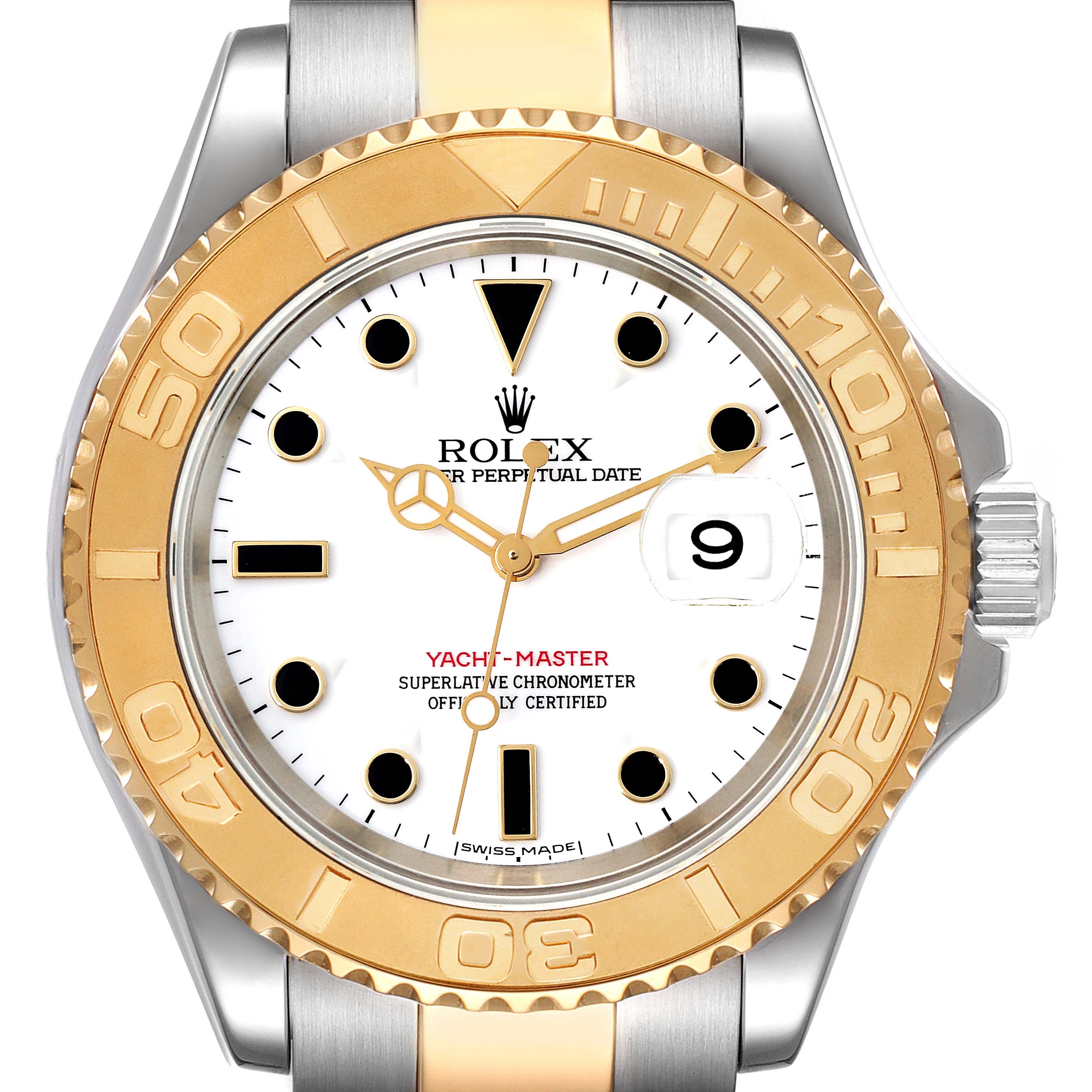This image shows a front-facing view of a Rolex Yacht-Master 16623 Men
s Steel and Gold (two tone) White Dial 16623 Men
s Steel and Gold (two tone) White Dial watch, highlighting the dial, bezel, crown, and bracelet.