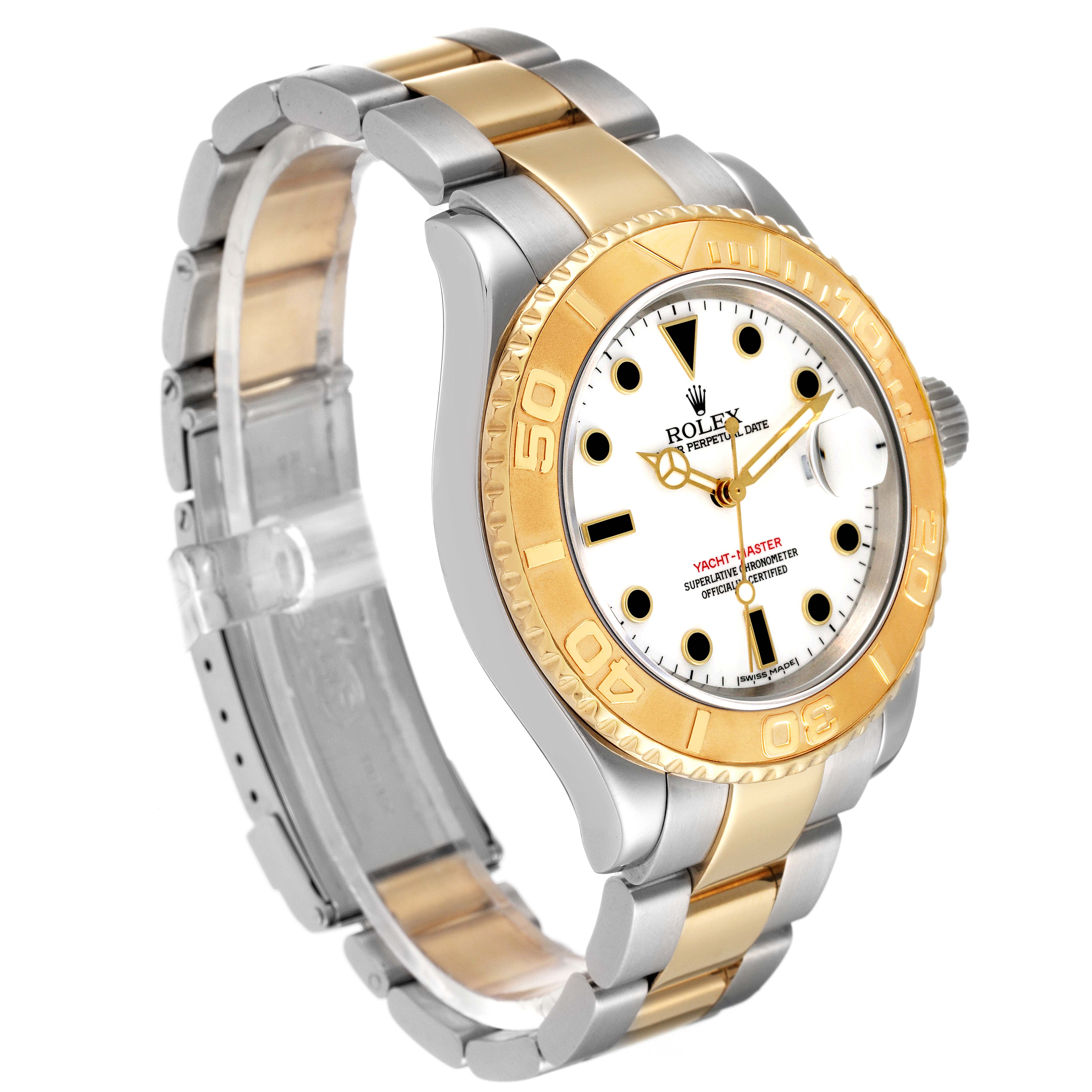 The Rolex Yacht-Master 16623 Men
s Steel and Gold (two tone) White Dial 16623 Men
s Steel and Gold (two tone) White Dial model is shown at an angle revealing the face, bezel, crown, and part of the bracelet.