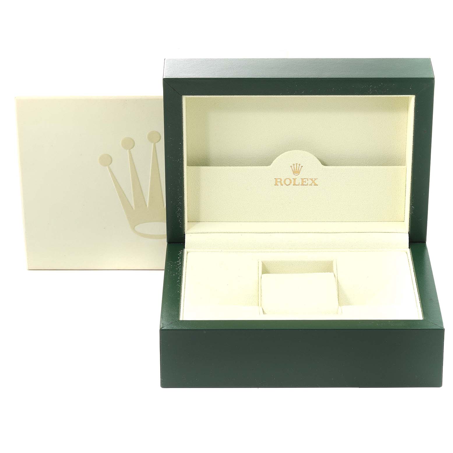 The image shows an open Rolex Yacht-Master 16623 Men
s Steel and Gold (two tone) White Dial 16623 Men
s Steel and Gold (two tone) White Dial watch box with a cream-colored interior and a removable cushion.